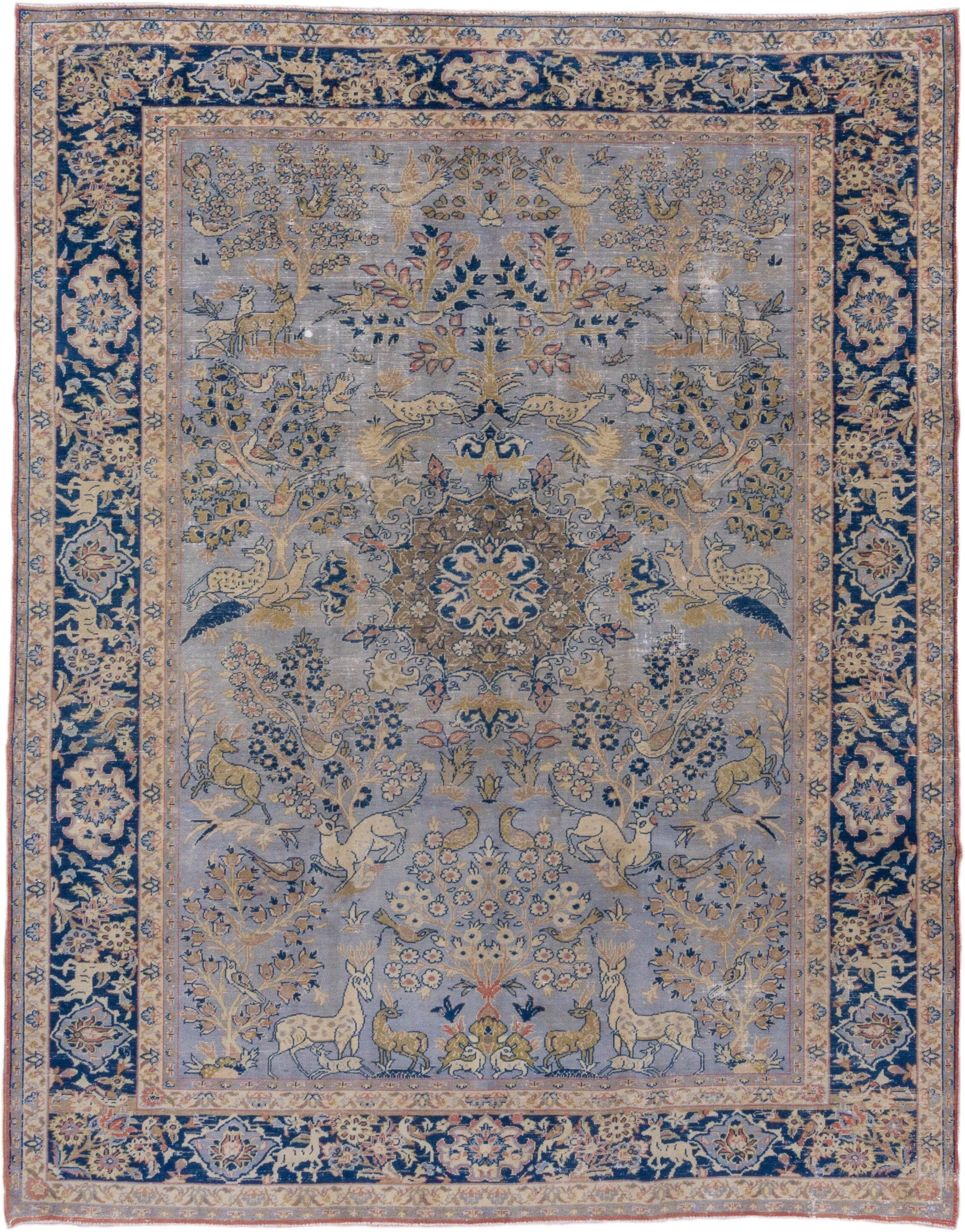 7' x 10' one-of-a-kind handmade vintage Tabriz large size rug. Color palette: light blue, navy, ivory, beige, taupe, gold