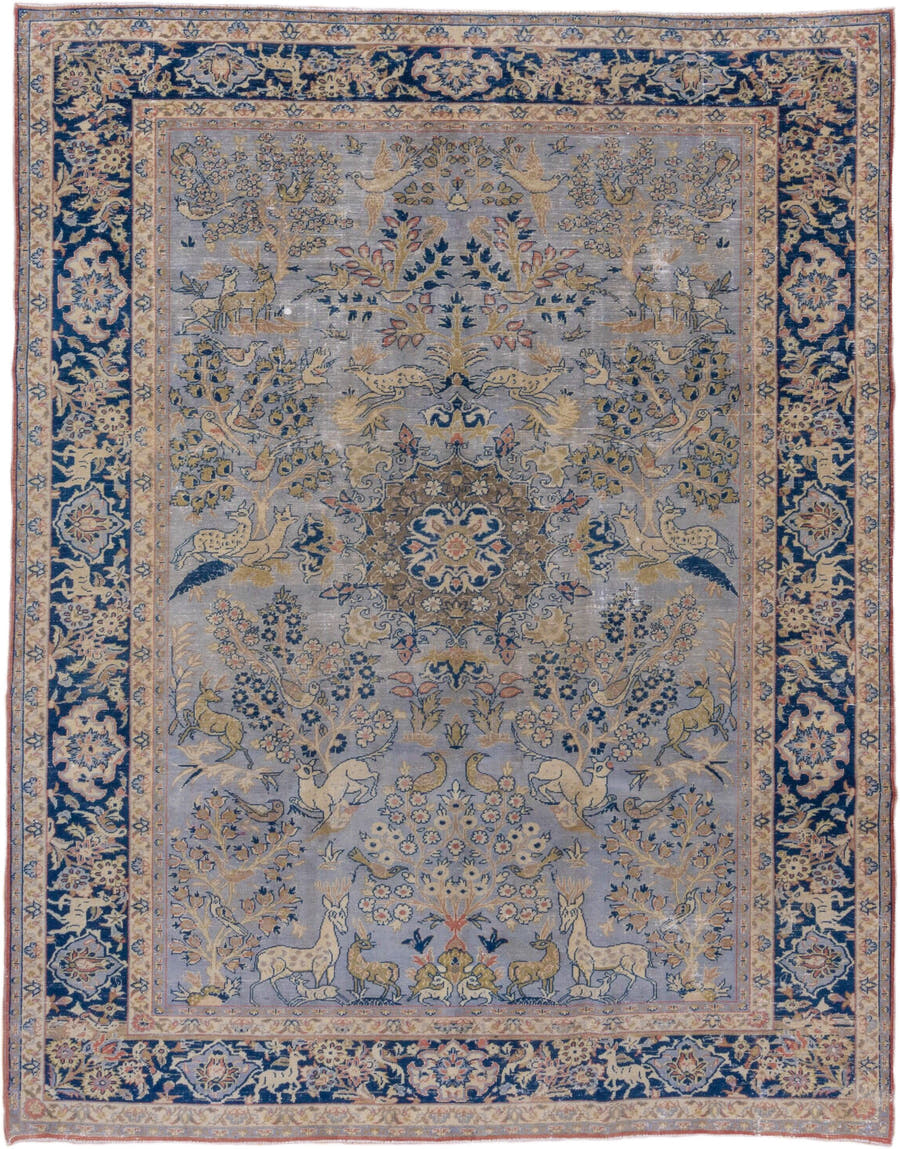 7' x 10' one-of-a-kind handmade vintage Tabriz large size rug. Color palette: light blue, navy, ivory, beige, taupe, gold
