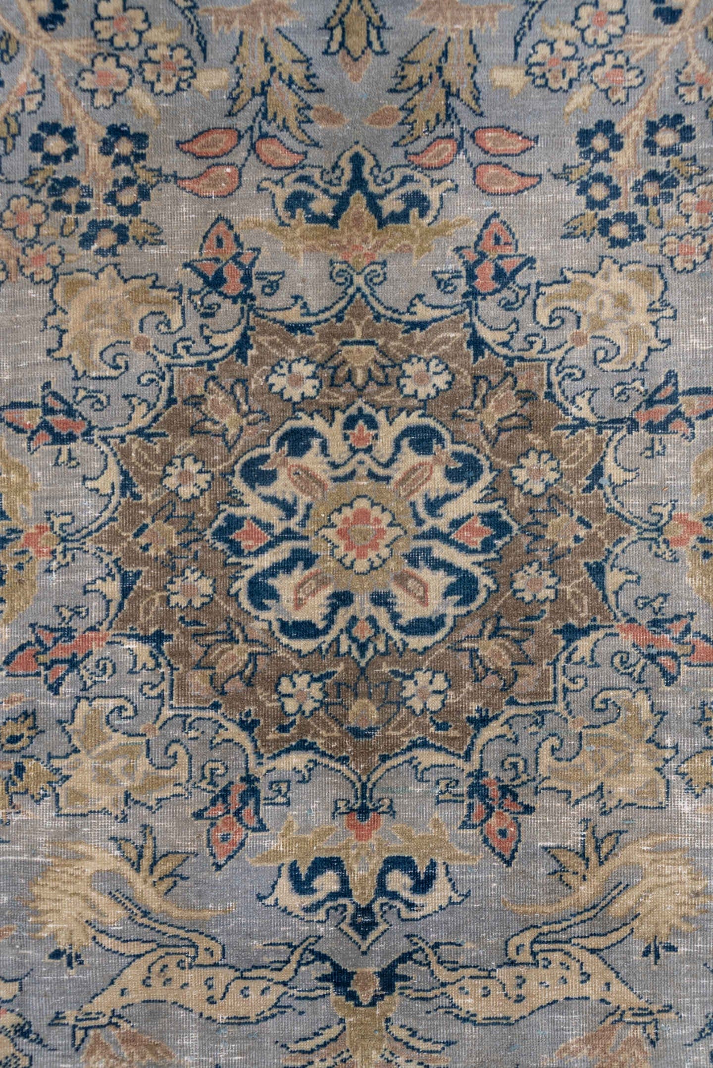 7' x 10' one-of-a-kind handmade vintage Tabriz large size rug. Color palette: light blue, navy, ivory, beige, taupe, gold