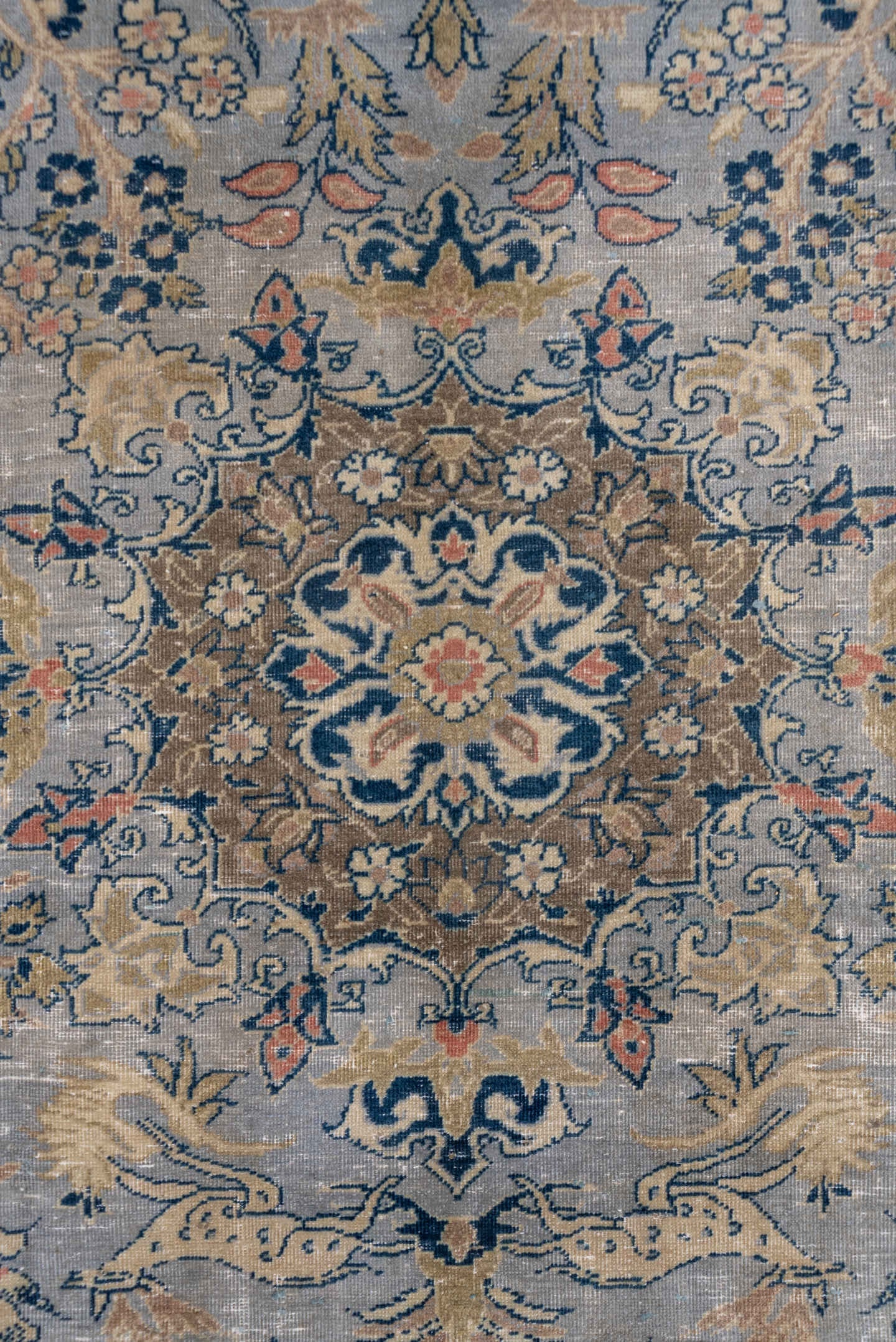 7' x 10' one-of-a-kind handmade vintage Tabriz large size rug. Color palette: light blue, navy, ivory, beige, taupe, gold