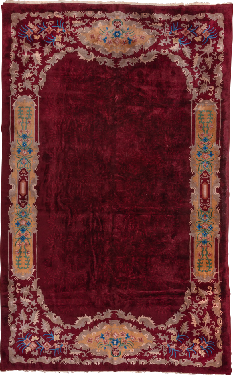 10' x 17' one-of-a-kind handmade vintage Chinese rug. Color palette: blue, brown, gray, off-white, orange, pink, red