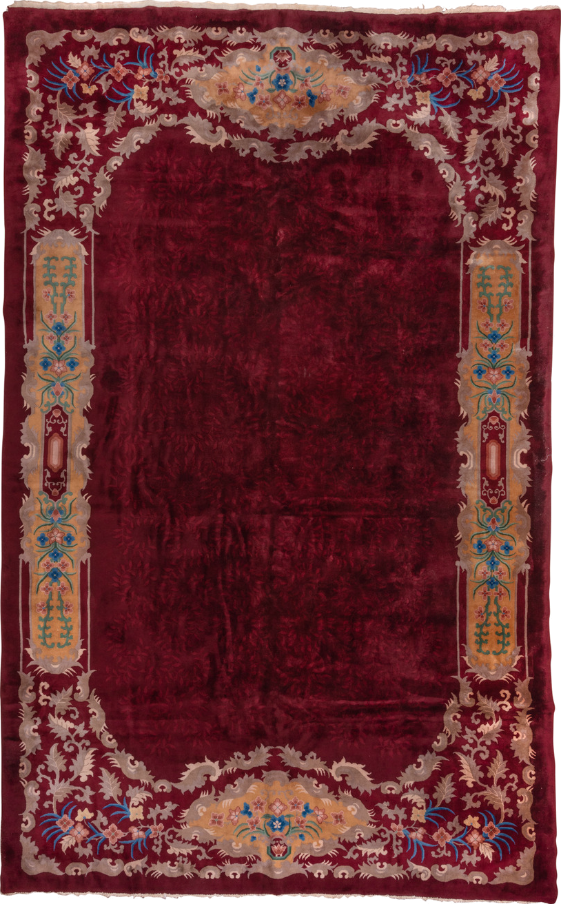 10' x 17' one-of-a-kind handmade vintage Chinese rug. Color palette: blue, brown, gray, off-white, orange, pink, red