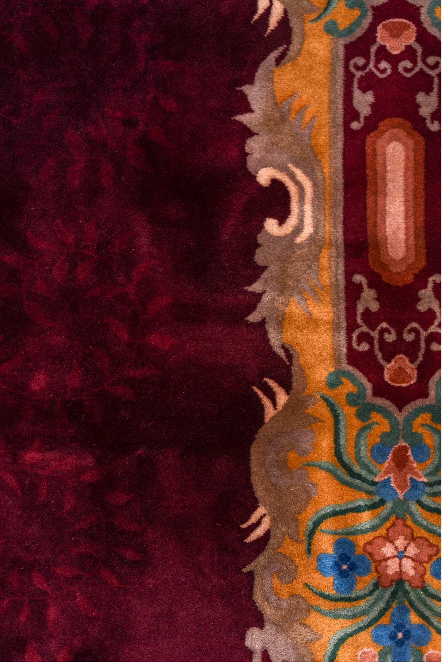 10' x 17' one-of-a-kind handmade antique Chinese rug. Color palette: burgundy, gold, ivory, blue, rose, taupe, pink, red