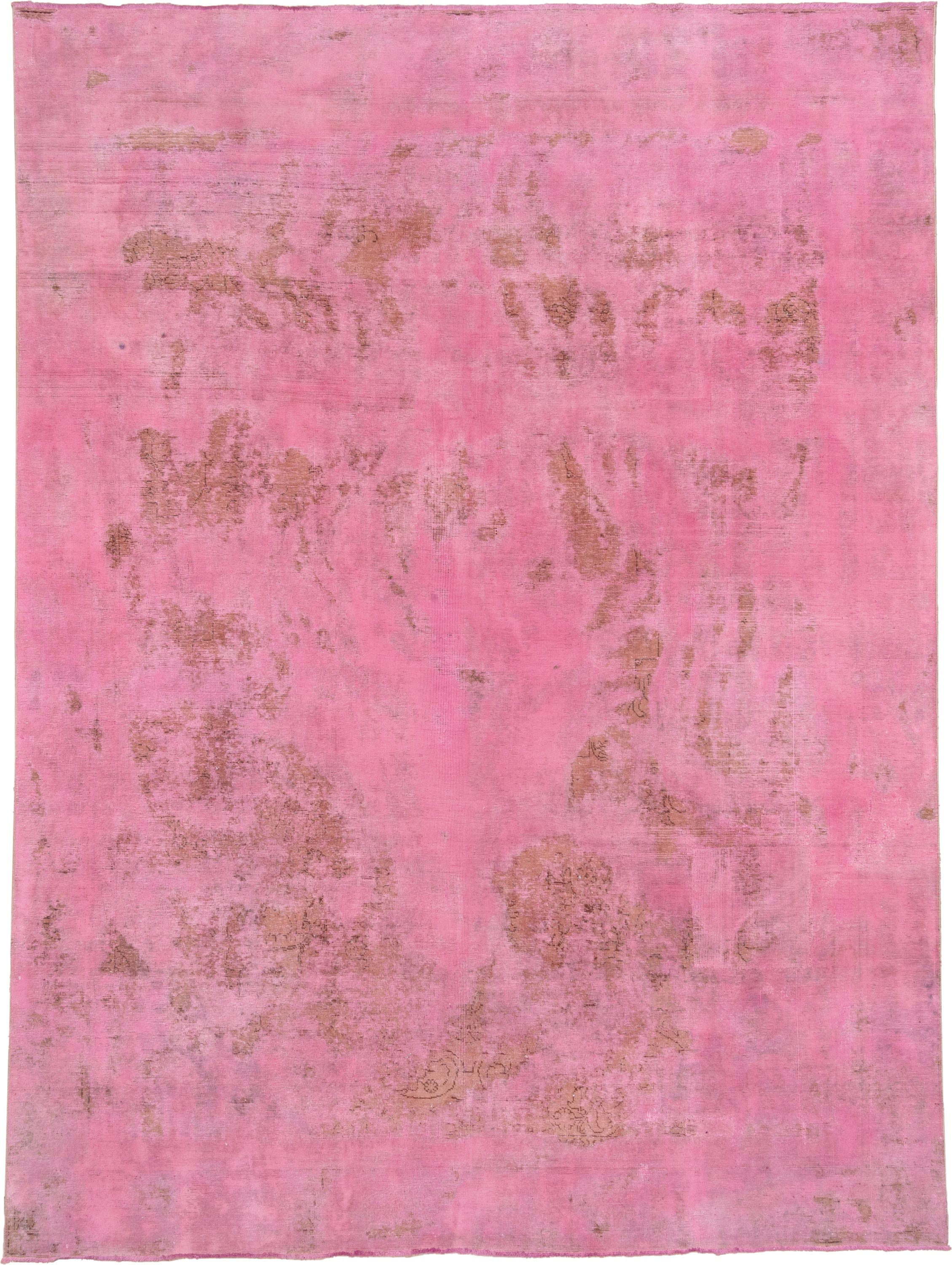 9' x 12' one-of-a-kind handmade vintage Overdyed large size rug. Color palette: pink, rose, blush, taupe, red, beige, gray