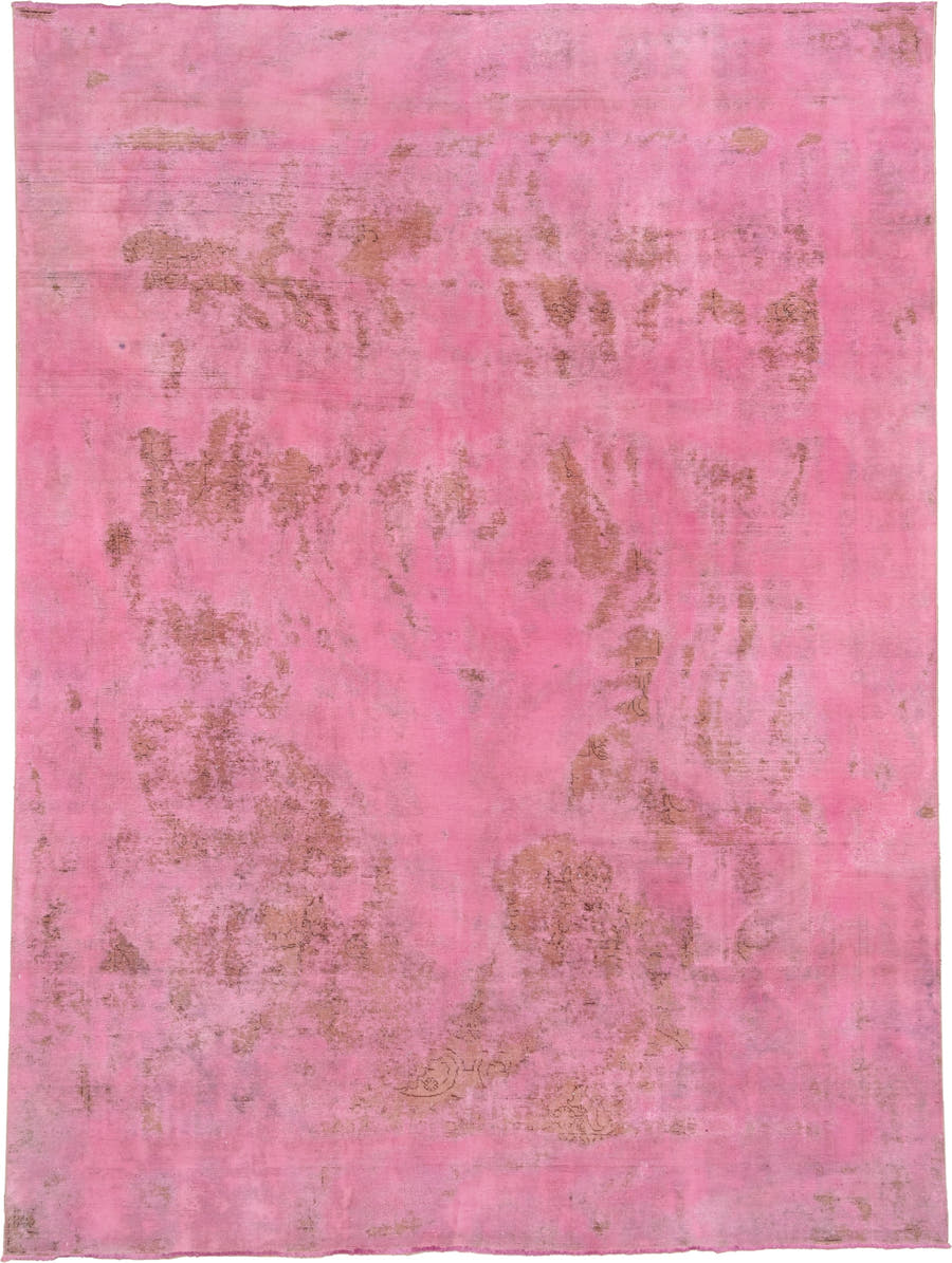 9' x 12' one-of-a-kind handmade vintage Overdyed large size rug. Color palette: pink, rose, blush, taupe, red, beige, gray