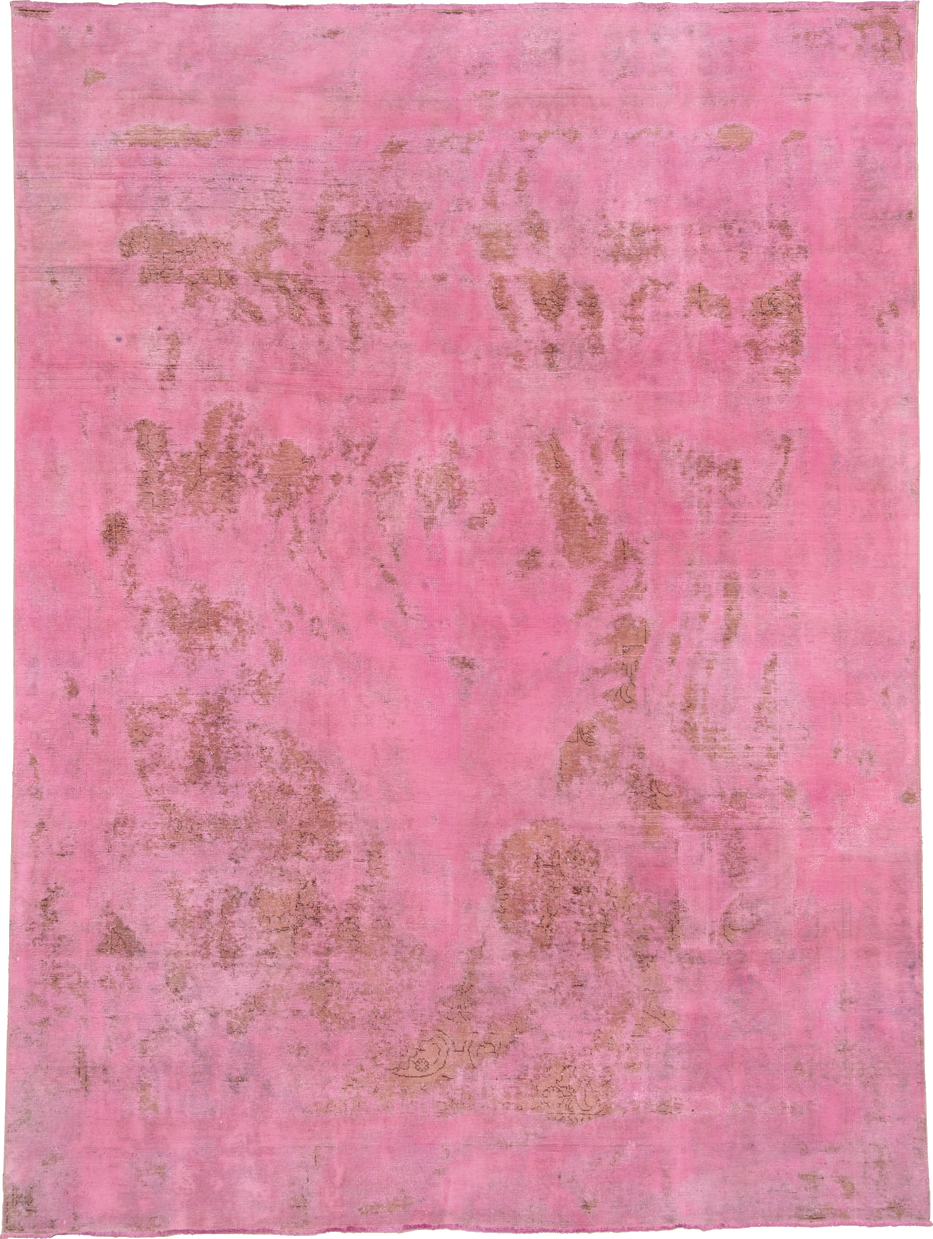 9' x 12' one-of-a-kind handmade vintage Overdyed large size rug. Color palette: brown, pale violet red, pink, red