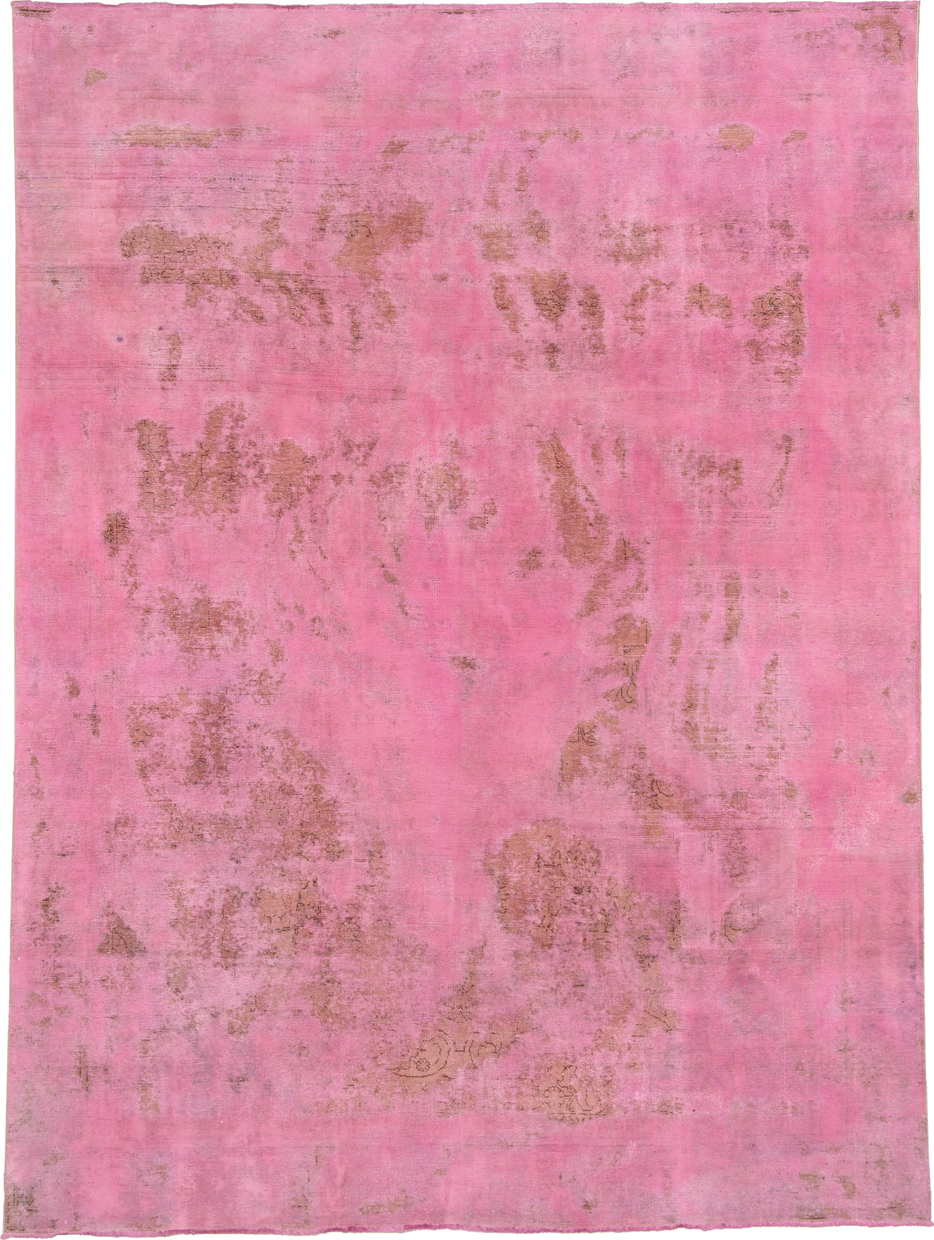 9' x 12' one-of-a-kind handmade vintage Overdyed large size rug. Color palette: brown, pale violet red, pink, red