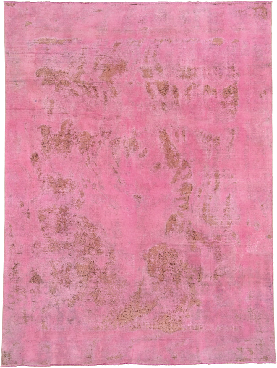 9' x 12' one-of-a-kind handmade vintage Overdyed large size rug. Color palette: pink, rose, blush, taupe, red, beige, gray