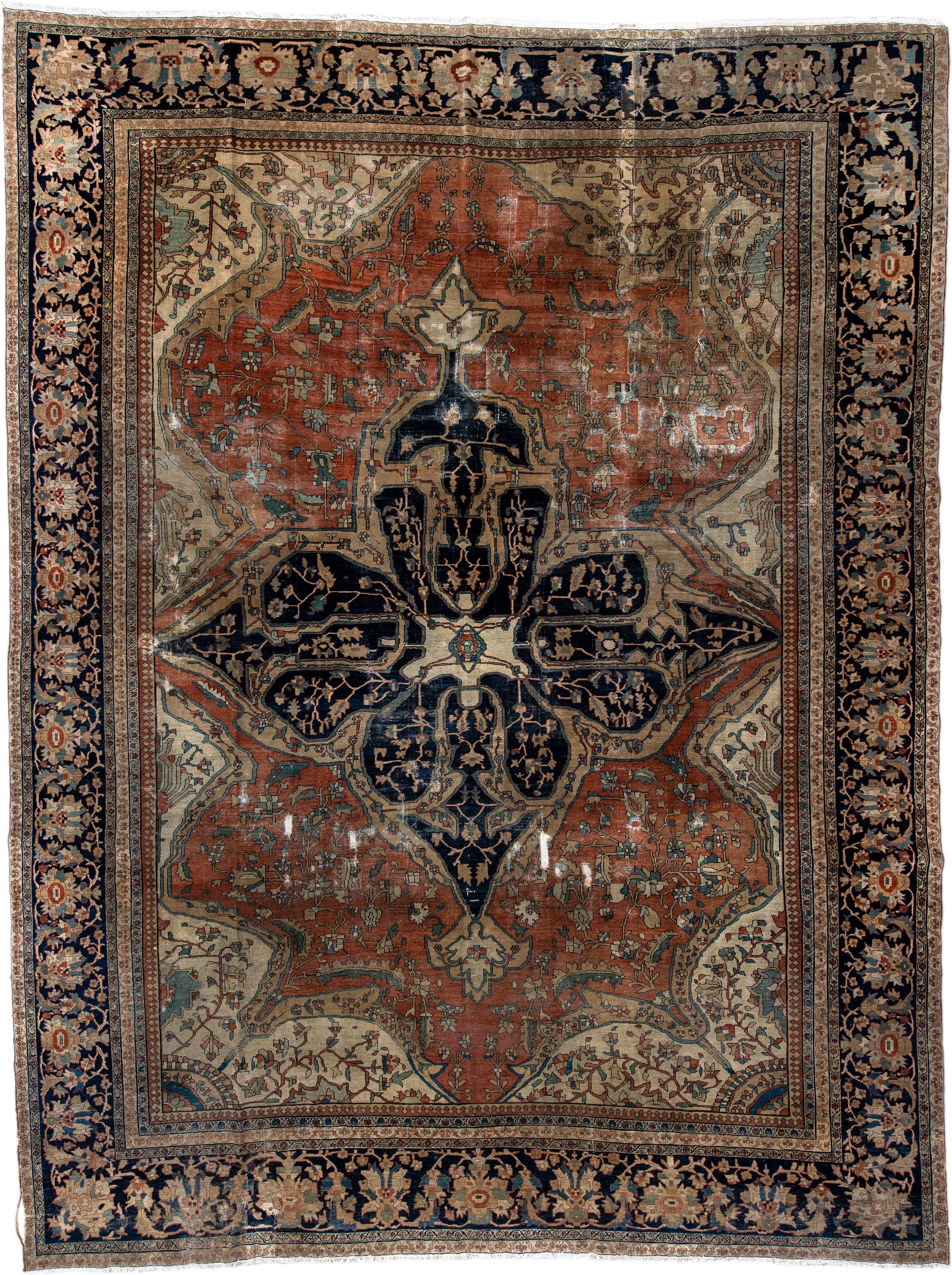9' x 13' one-of-a-kind handmade vintage Far.Sarouk large size rug. Color palette: terra cotta, navy, ivory, beige, sage