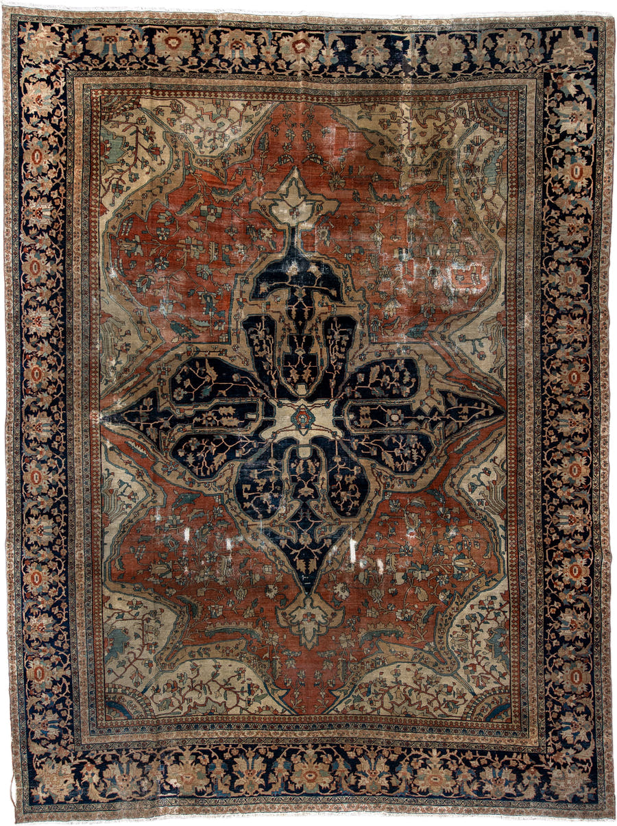 9' x 13' one-of-a-kind handmade vintage Far.Sarouk large size rug. Color palette: terra cotta, navy, ivory, beige, sage