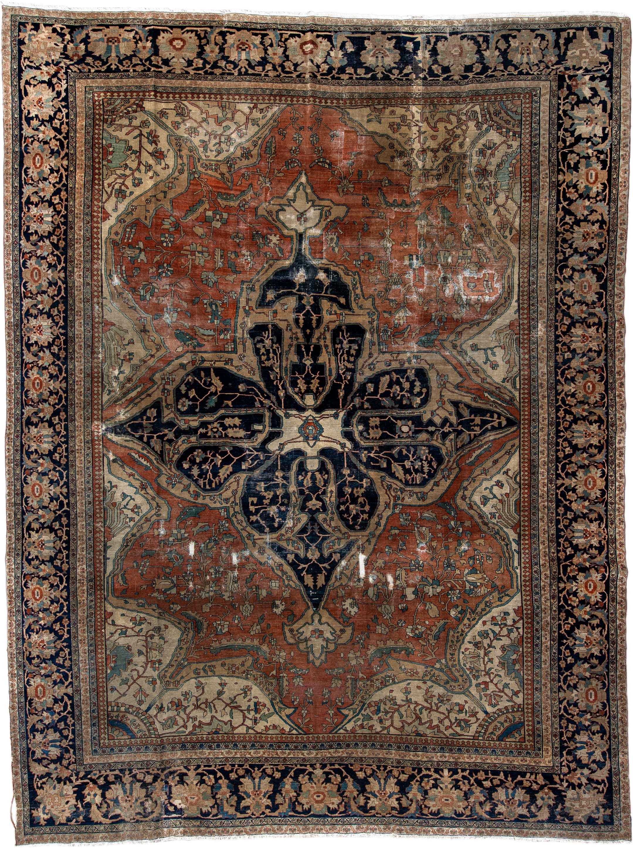 9' x 13' one-of-a-kind handmade vintage Far.Sarouk large size rug. Color palette: terra cotta, navy, ivory, beige, sage