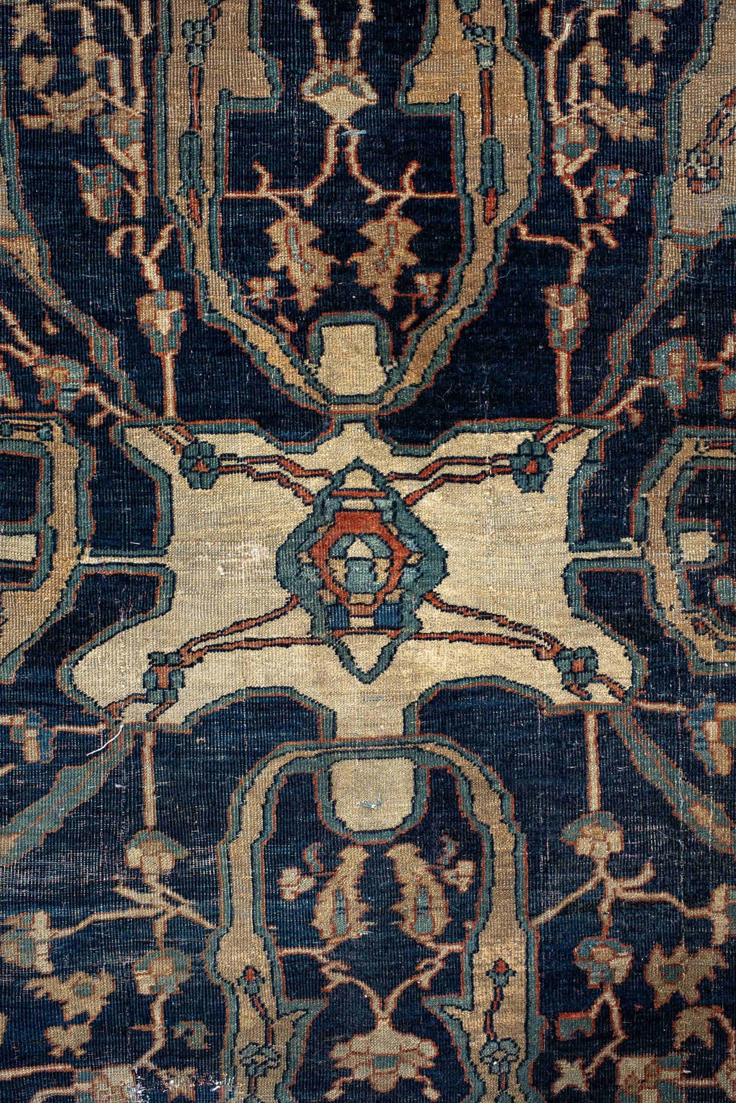 9' x 13' one-of-a-kind handmade vintage Far.Sarouk large size rug. Color palette: terra cotta, navy, ivory, beige, sage