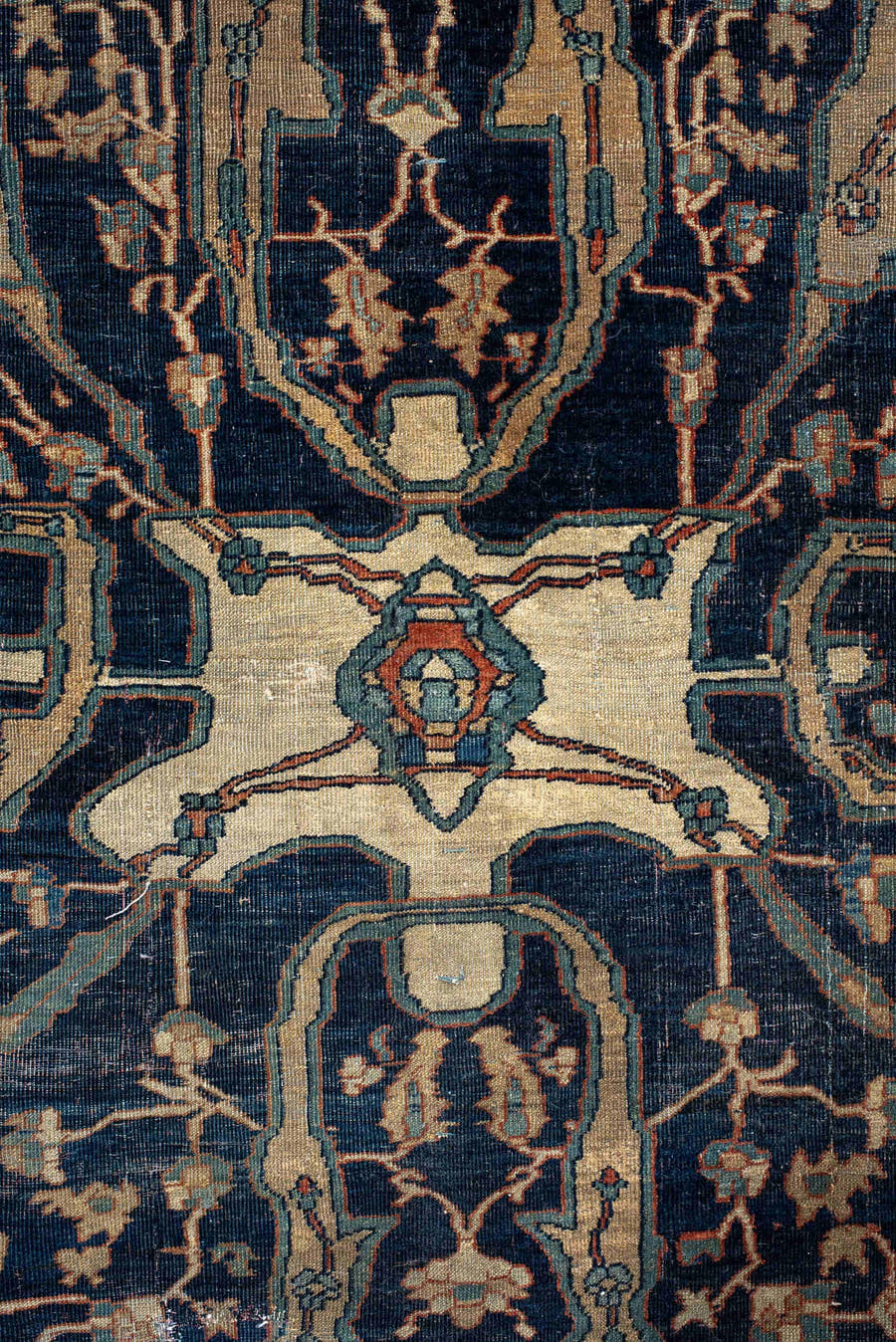 9' x 13' one-of-a-kind handmade vintage Far.Sarouk large size rug. Color palette: terra cotta, navy, ivory, beige, sage