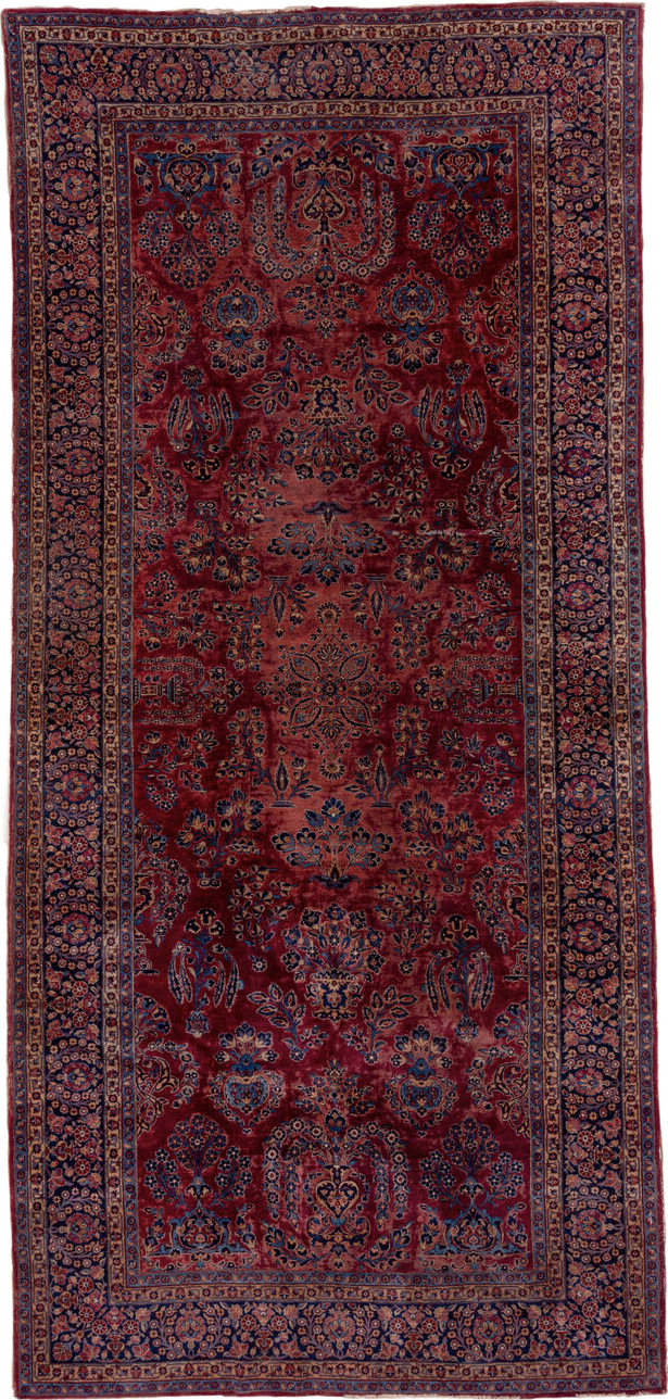 7' x 15' one-of-a-kind handmade vintage Kazvin rug. Color palette: red, navy, rose, ivory, burgundy, slate, camel, blue