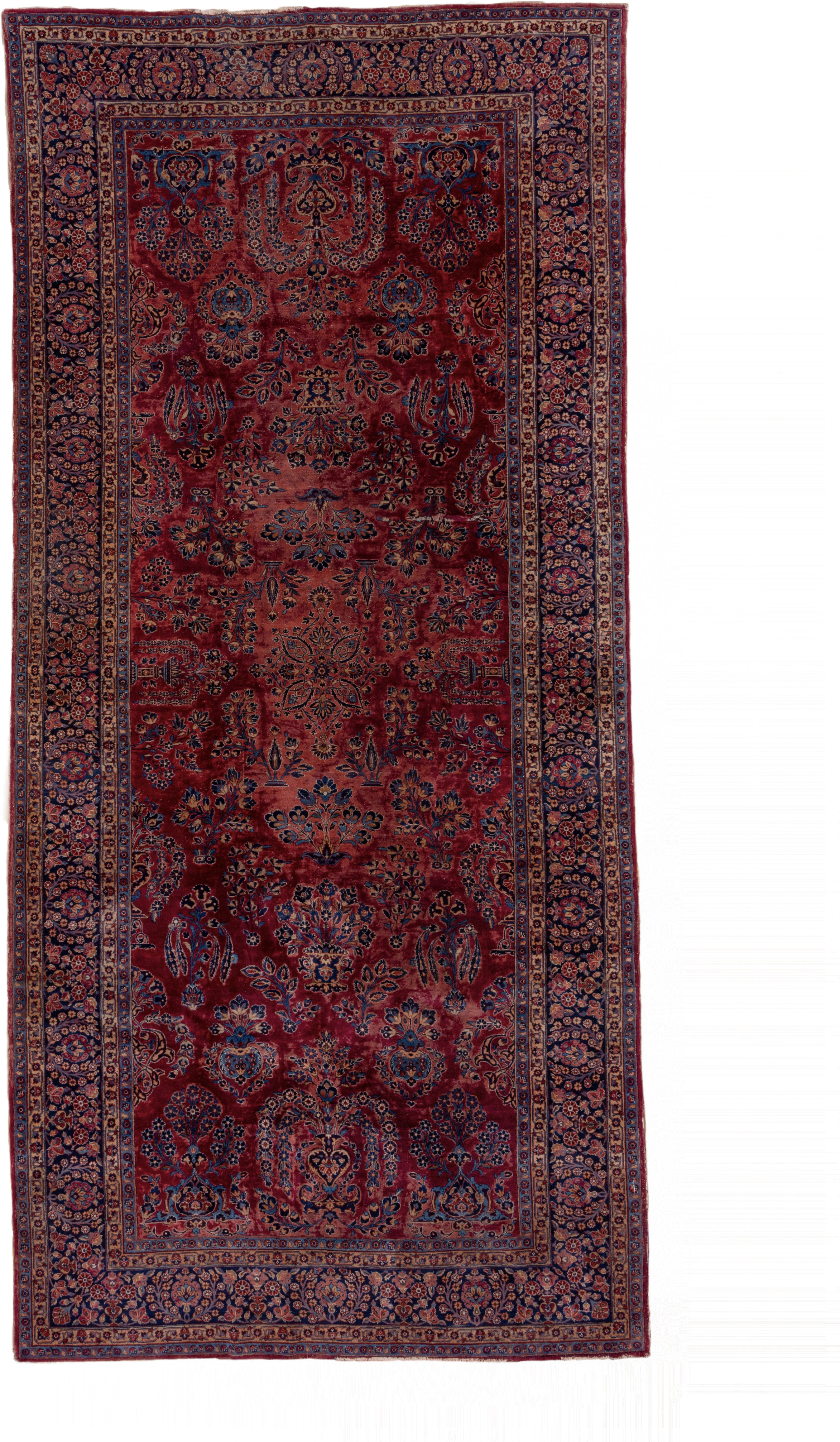 7' x 15' one-of-a-kind handmade vintage Kazvin rug. Color palette: red, navy, rose, ivory, burgundy, slate, camel, blue