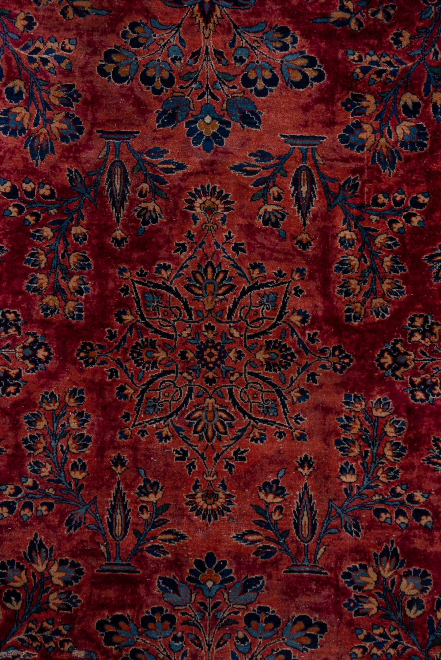 7' x 15' one-of-a-kind handmade vintage Kazvin rug. Color palette: red, navy, rose, ivory, burgundy, slate, camel, blue