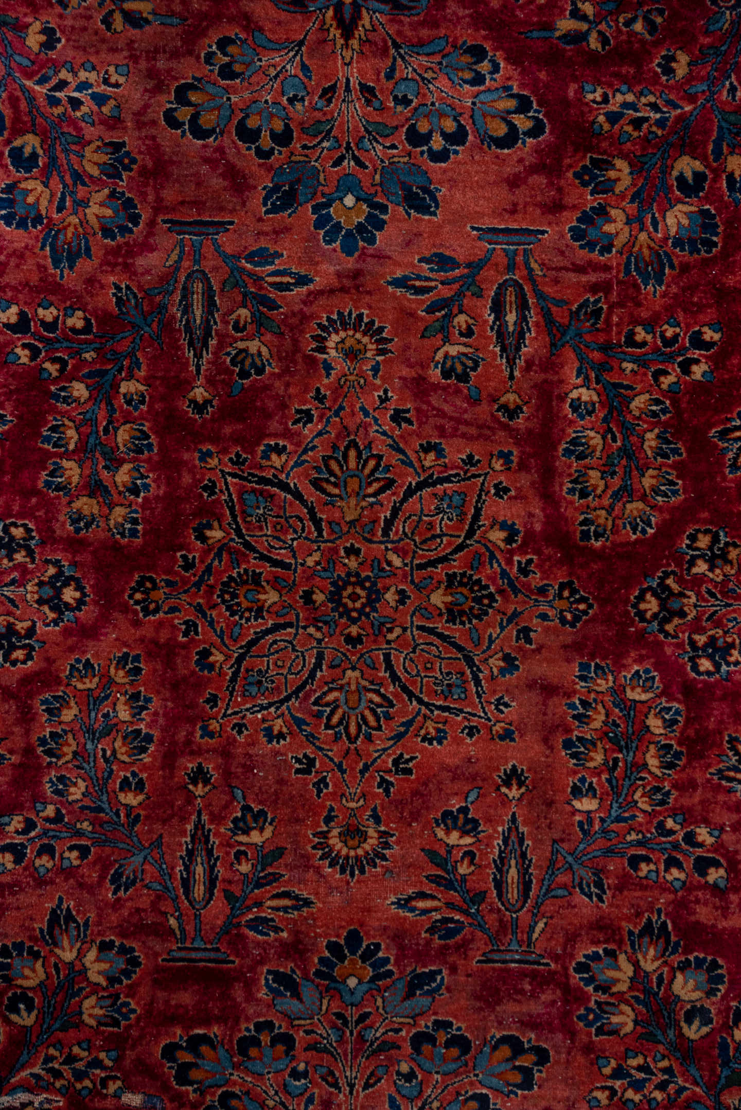 7' x 15' one-of-a-kind handmade vintage Kazvin rug. Color palette: red, navy, rose, ivory, burgundy, slate, camel, blue