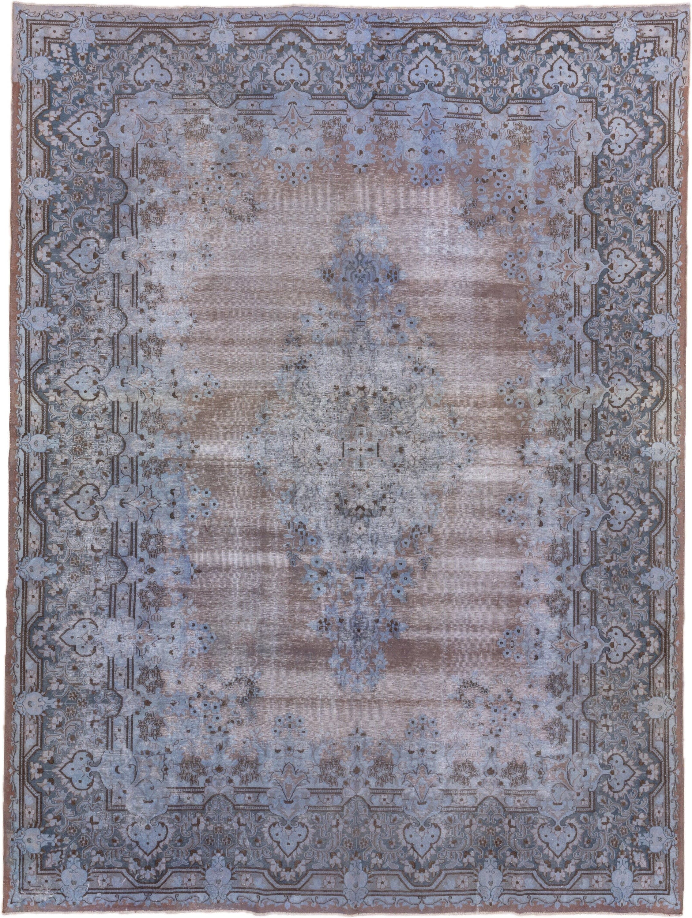 9' x 13' one-of-a-kind handmade vintage Distressed large size rug. Color palette: taupe, powder blue, dusty rose, slate