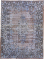 9' x 13' one-of-a-kind handmade vintage Distressed large size rug. Color palette: taupe, powder blue, dusty rose, slate