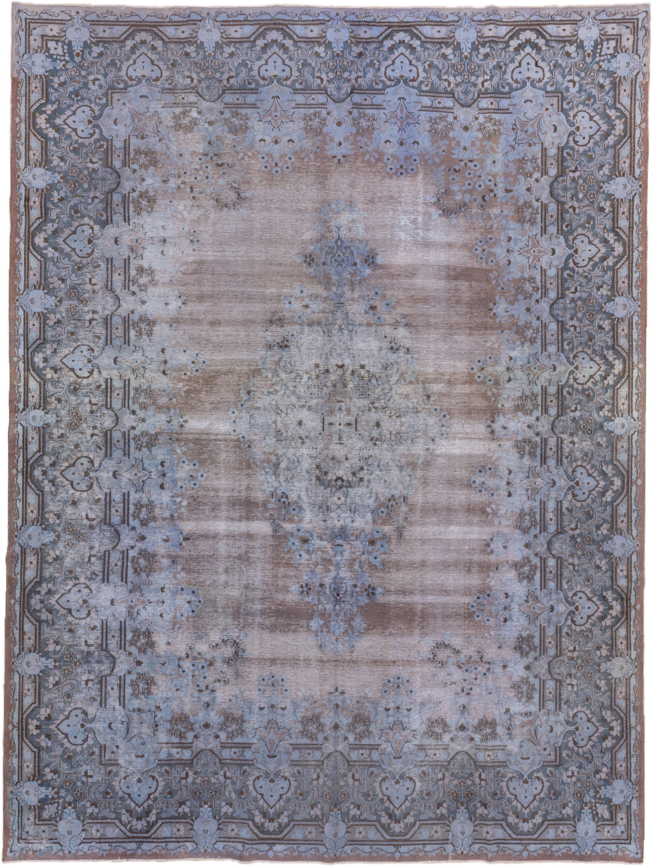 9' x 13' one-of-a-kind handmade vintage Distressed large size rug. Color palette: taupe, powder blue, dusty rose, slate