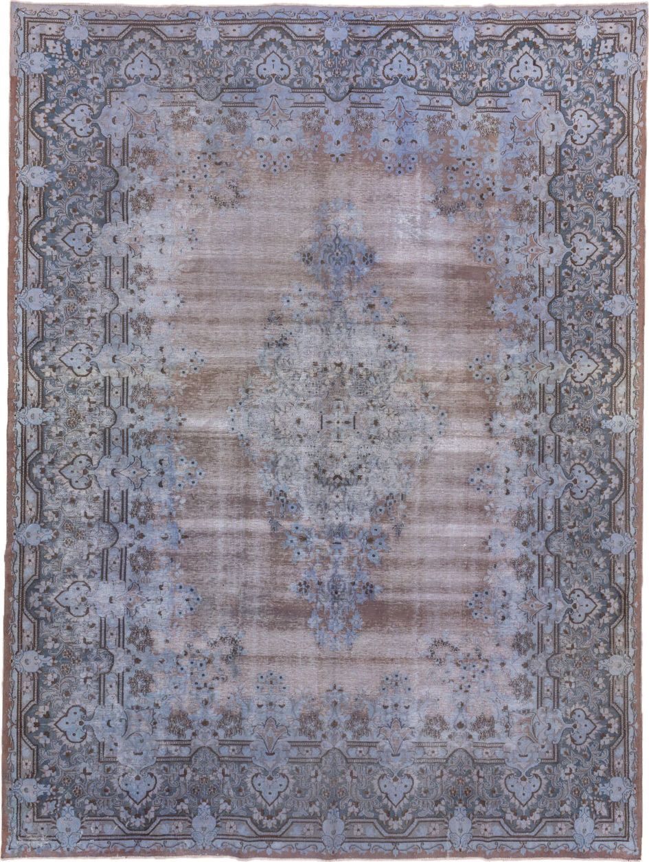 9' x 13' one-of-a-kind handmade vintage Distressed large size rug. Color palette: blue, dark gray, dim gray, gray