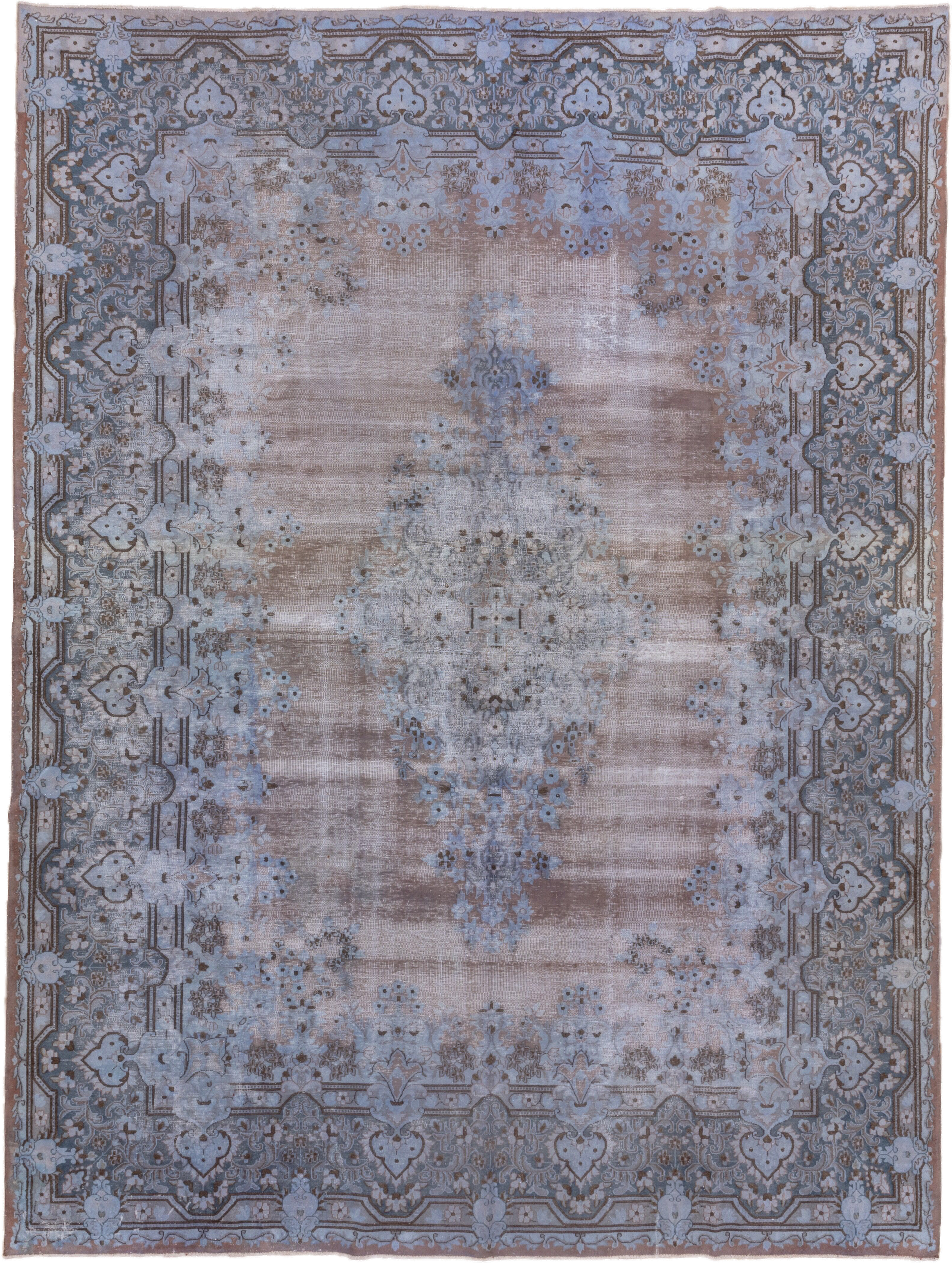 9' x 13' one-of-a-kind handmade vintage Distressed large size rug. Color palette: taupe, powder blue, dusty rose, slate