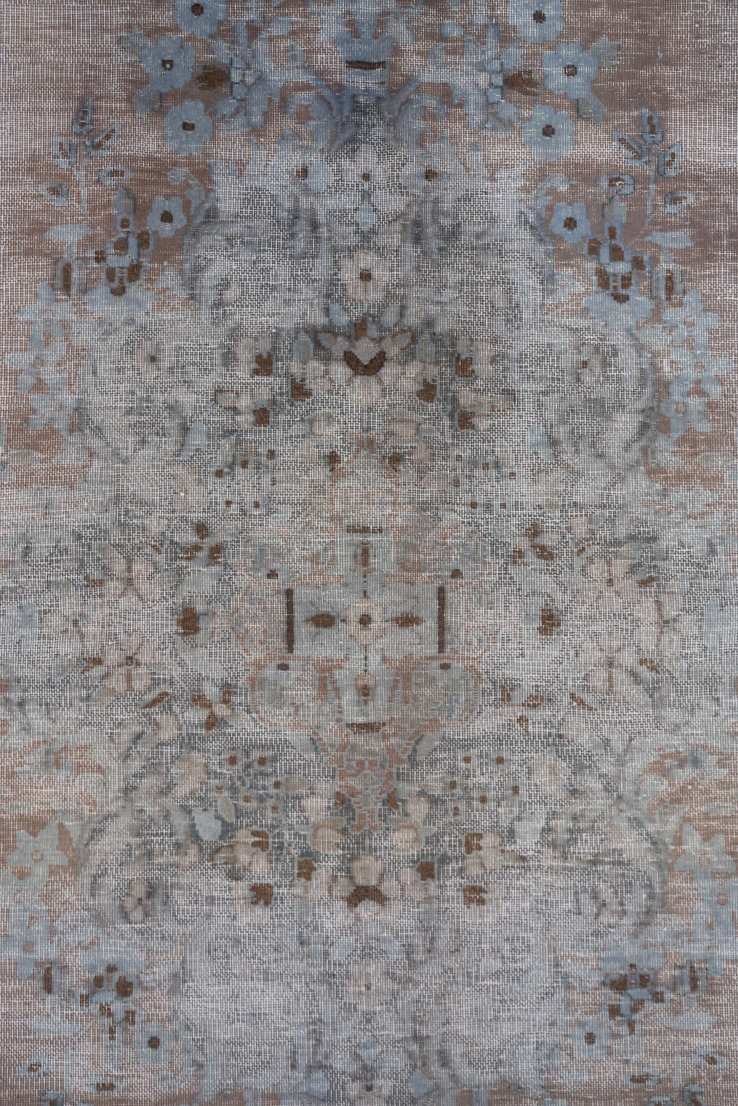 9' x 13' one-of-a-kind handmade vintage Distressed large size rug. Color palette: taupe, powder blue, dusty rose, slate