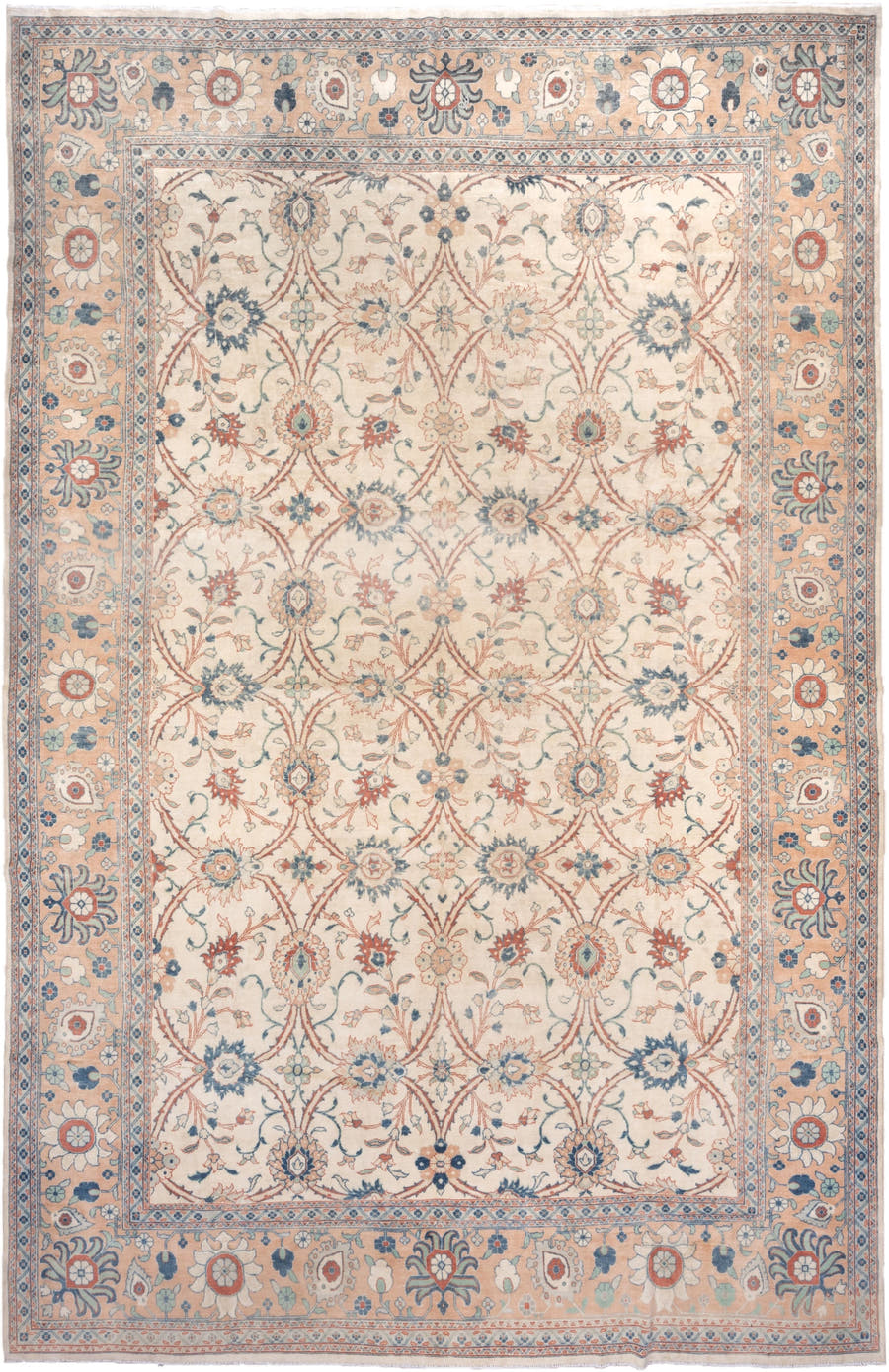 12' x 19' one-of-a-kind handmade vintage  oversize rug. Color palette: ivory, peach, sky blue, rust, sage, taupe, terracotta