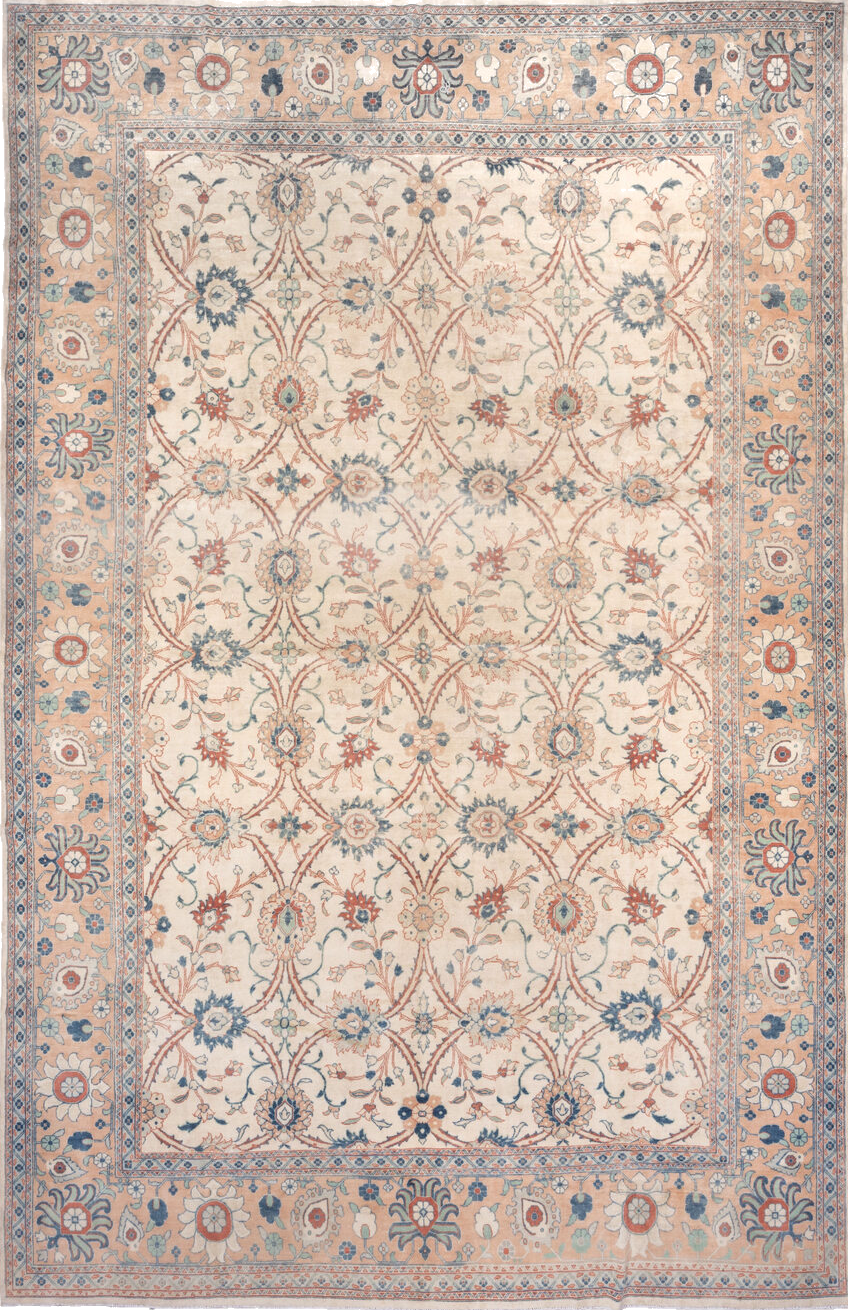 12' x 19' one-of-a-kind handmade vintage Distressed oversize rug. Color palette: antiquewhite, brown, dark gray, gray