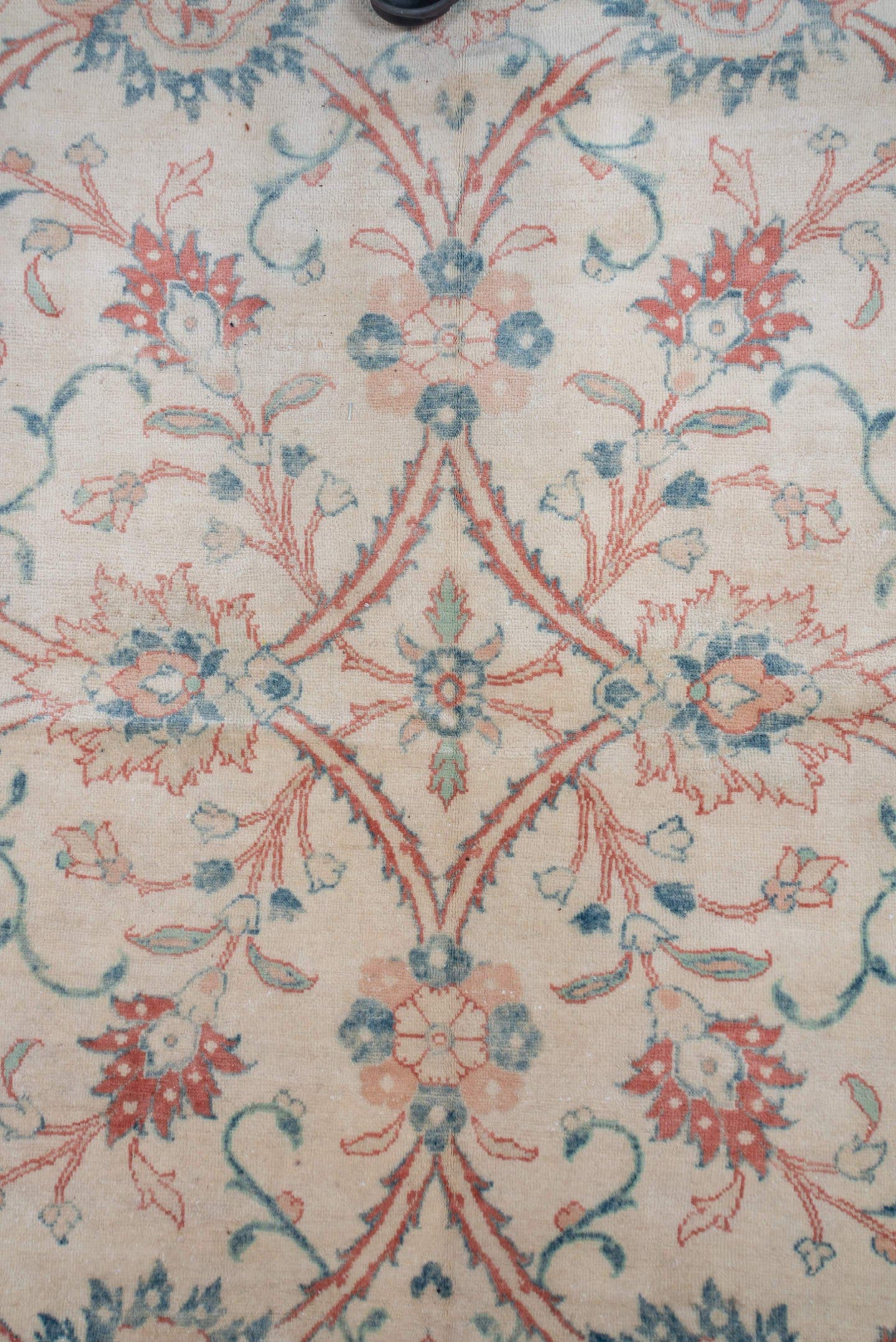12' x 19' one-of-a-kind handmade vintage  oversize rug. Color palette: ivory, peach, sky blue, rust, sage, taupe, terracotta