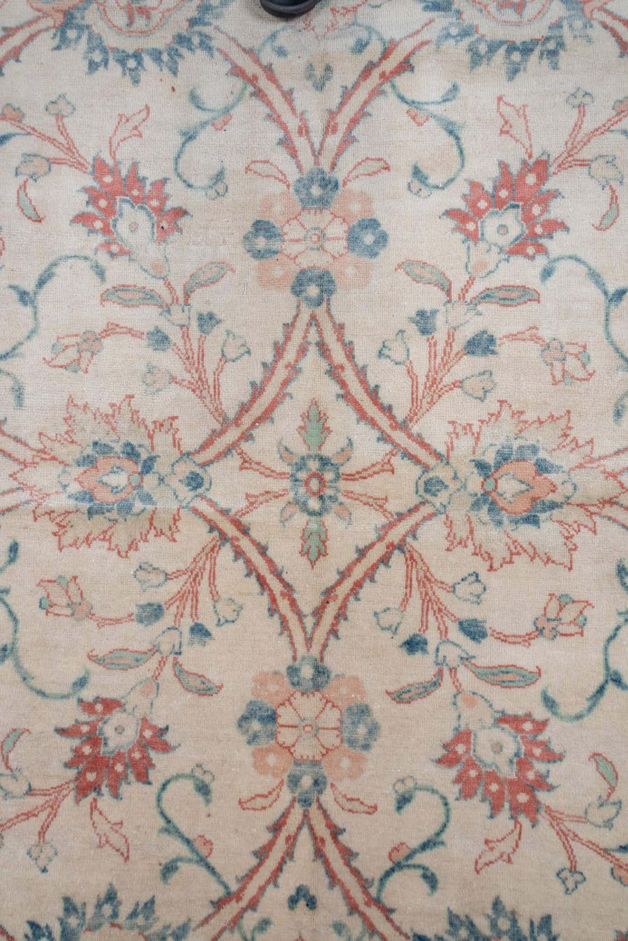 12' x 19' one-of-a-kind handmade vintage  oversize rug. Color palette: ivory, peach, sky blue, rust, sage, taupe, terracotta
