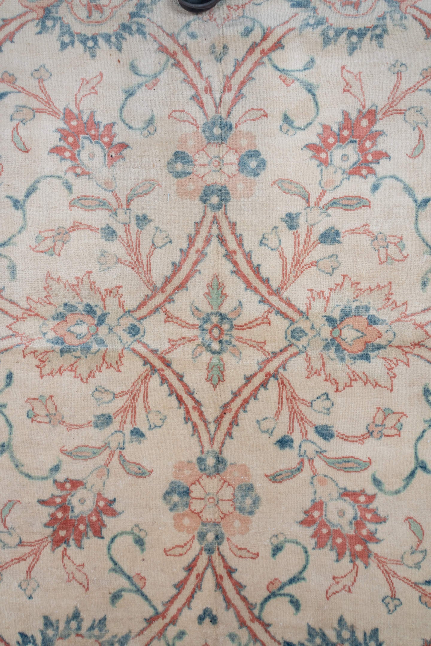 12' x 19' one-of-a-kind handmade vintage  oversize rug. Color palette: ivory, peach, sky blue, rust, sage, taupe, terracotta