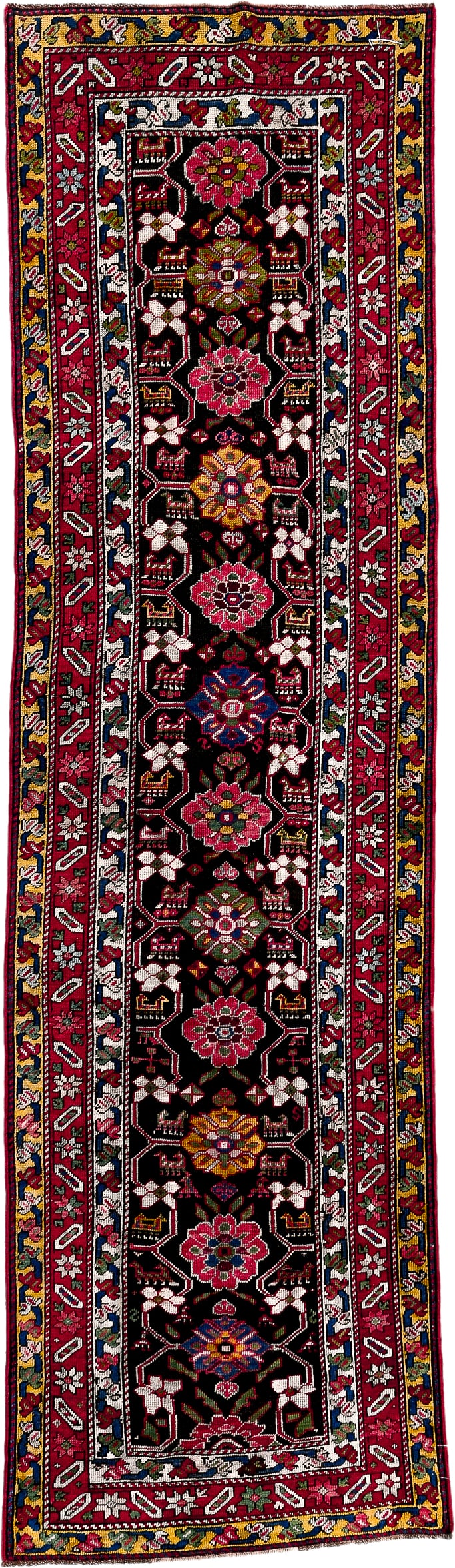 3' x 10' one-of-a-kind handmade vintage Karabagh runner rug. Color palette: black, crimson, ivory, gold, blue, rose, olive