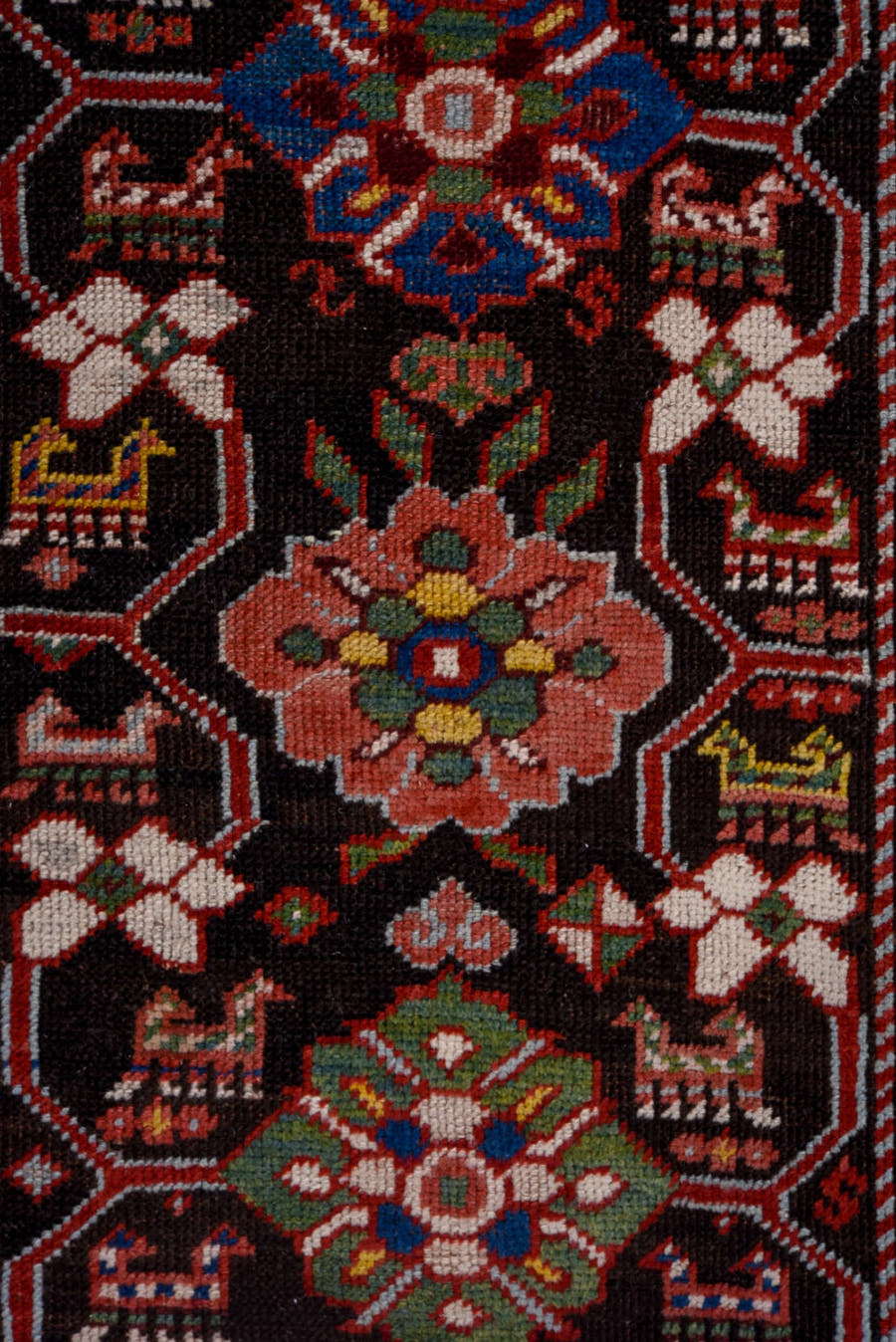 3' x 10' one-of-a-kind handmade vintage Karabagh runner rug. Color palette: black, crimson, ivory, gold, blue, rose, olive