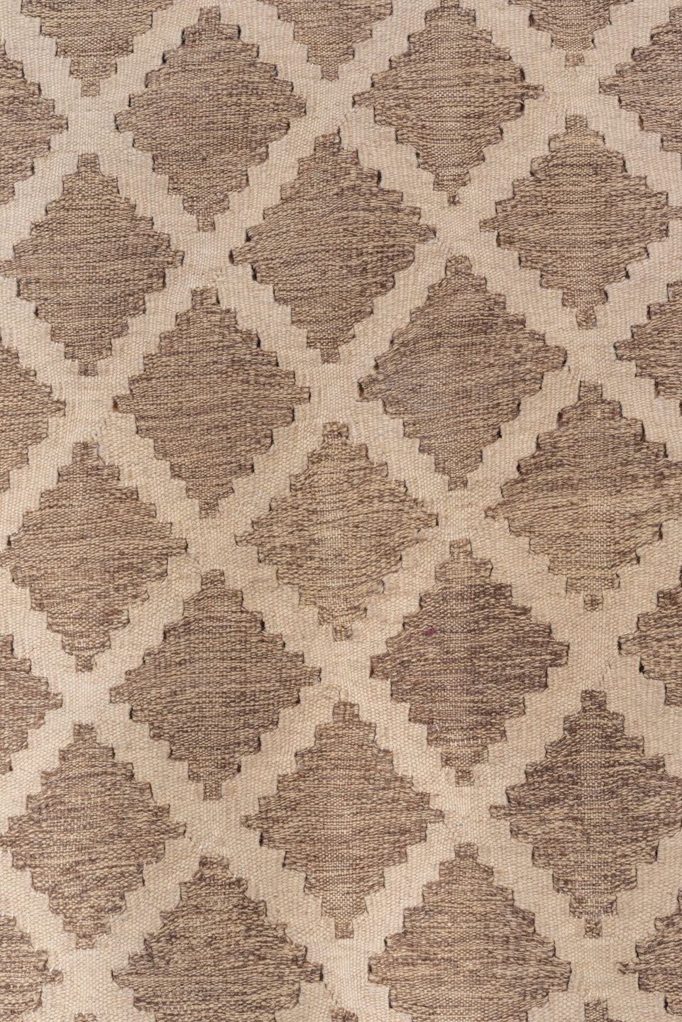 3' x 5' one-of-a-kind handmade vintage Kilim small size rug. Color palette: brown, gray, light gray, off-white, orange, pink