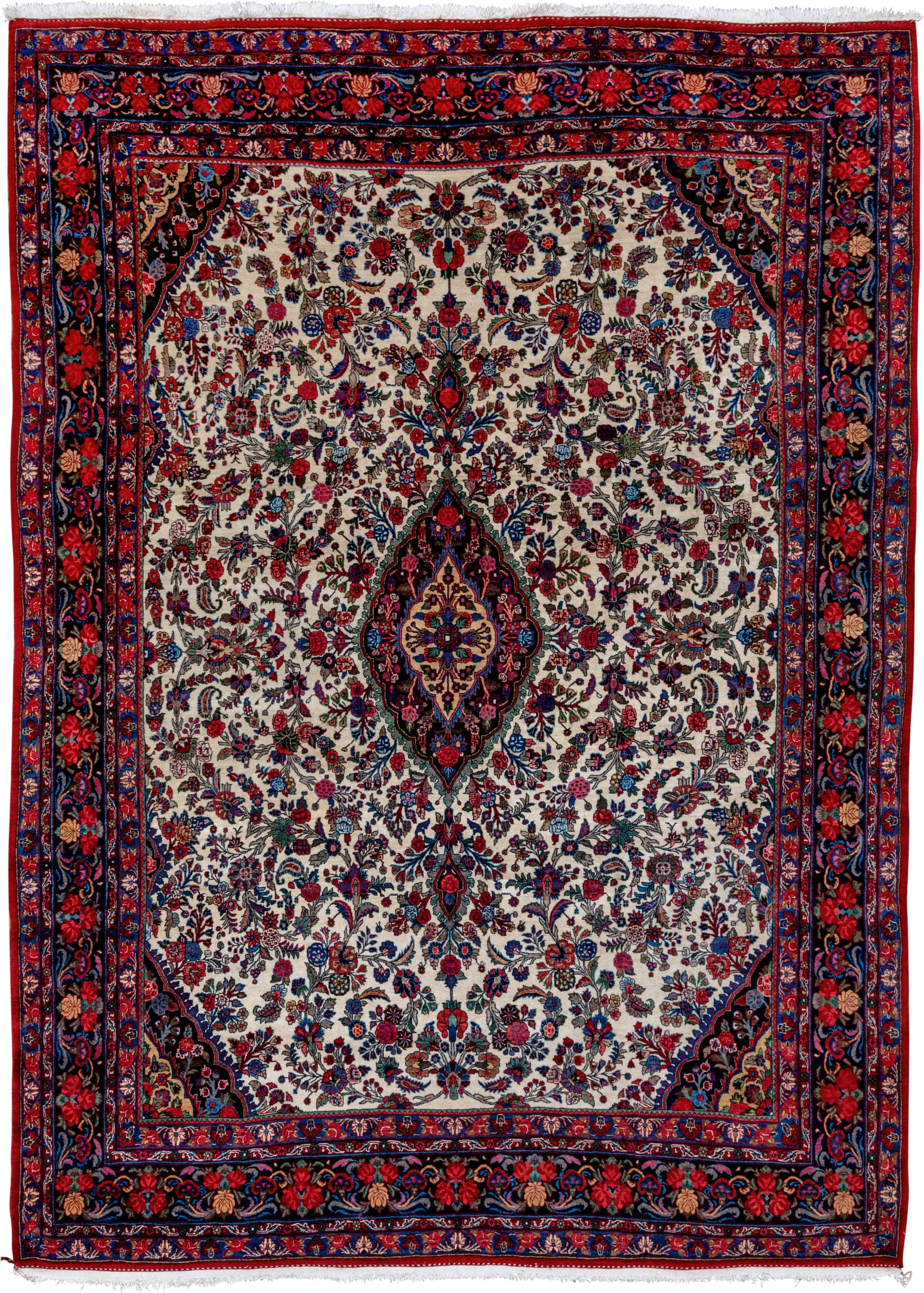 9' x 12' one-of-a-kind handmade vintage Bidjar large size rug. Color palette: ivory, navy, crimson, sky blue, rose, taupe