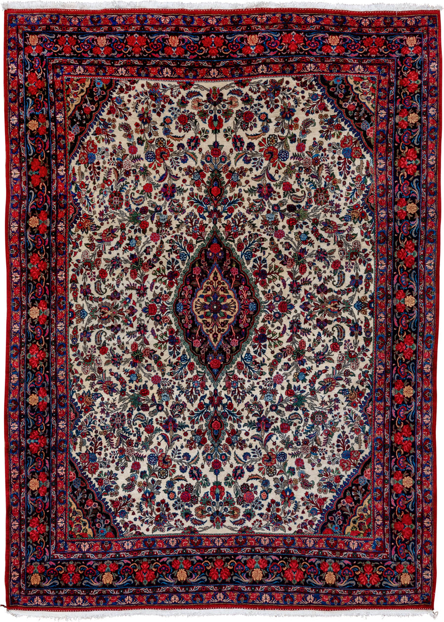 9' x 12' one-of-a-kind handmade vintage Bidjar large size rug. Color palette: ivory, navy, crimson, sky blue, rose, taupe