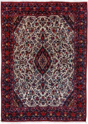 9' x 12' one-of-a-kind handmade vintage Bidjar large size rug. Color palette: ivory, navy, crimson, sky blue, rose, taupe