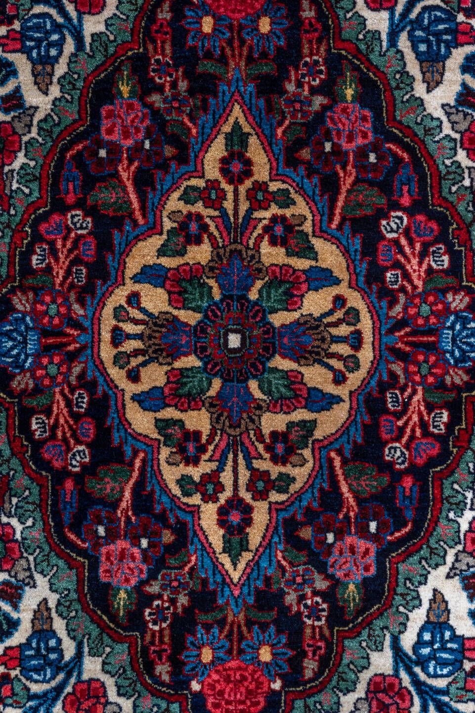 9' x 12' one-of-a-kind handmade vintage Bidjar large size rug. Color palette: ivory, navy, crimson, sky blue, rose, taupe
