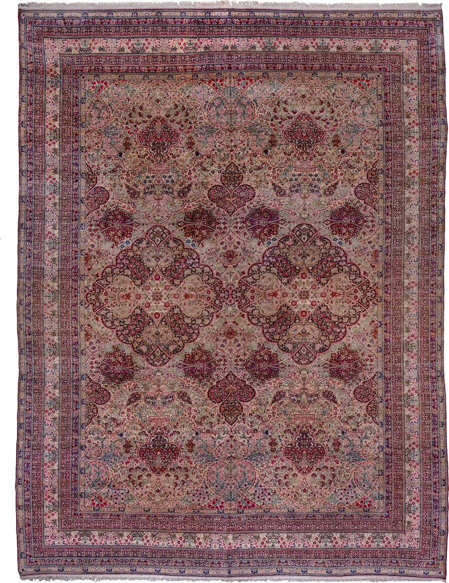16' x 21' one-of-a-kind handmade vintage Lavar oversize rug. Color palette: ivory, rose, burgundy, navy, dusty blue, taupe
