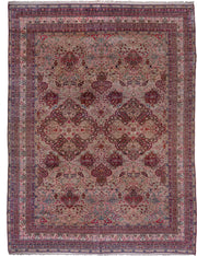 16' x 21' one-of-a-kind handmade vintage Lavar oversize rug. Color palette: ivory, rose, burgundy, navy, dusty blue, taupe