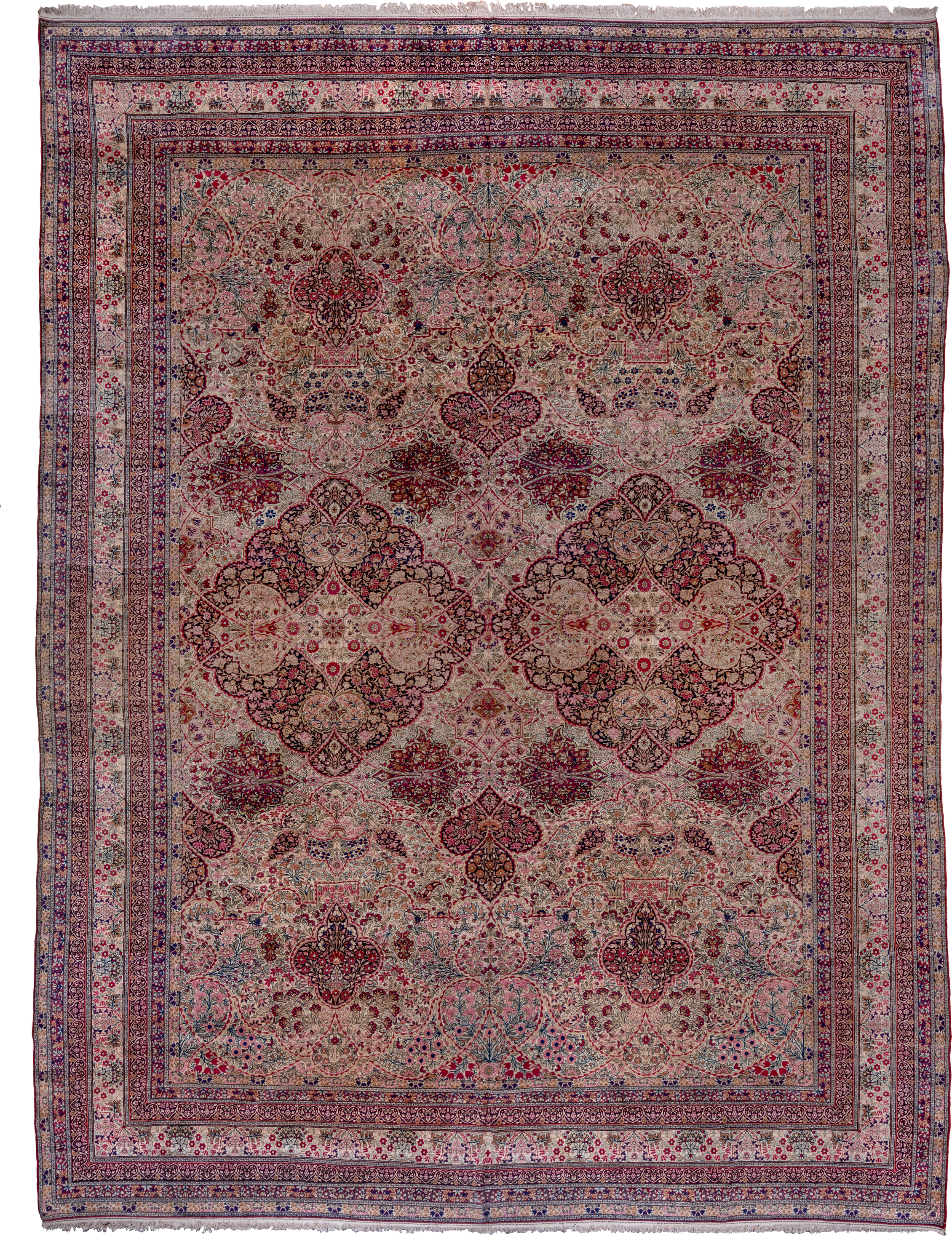 16' x 21' one-of-a-kind handmade vintage Lavar oversize rug. Color palette: ivory, rose, burgundy, navy, dusty blue, taupe