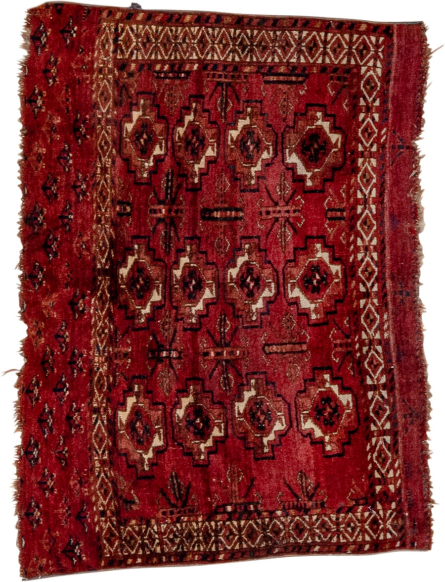 2' x 4' one-of-a-kind handmade vintage Torkaman small size rug. Color palette: red, burgundy, ivory, brown, charcoal, rust