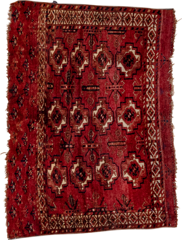 2' x 4' one-of-a-kind handmade vintage Torkaman small size rug. Color palette: red, burgundy, ivory, brown, charcoal, rust