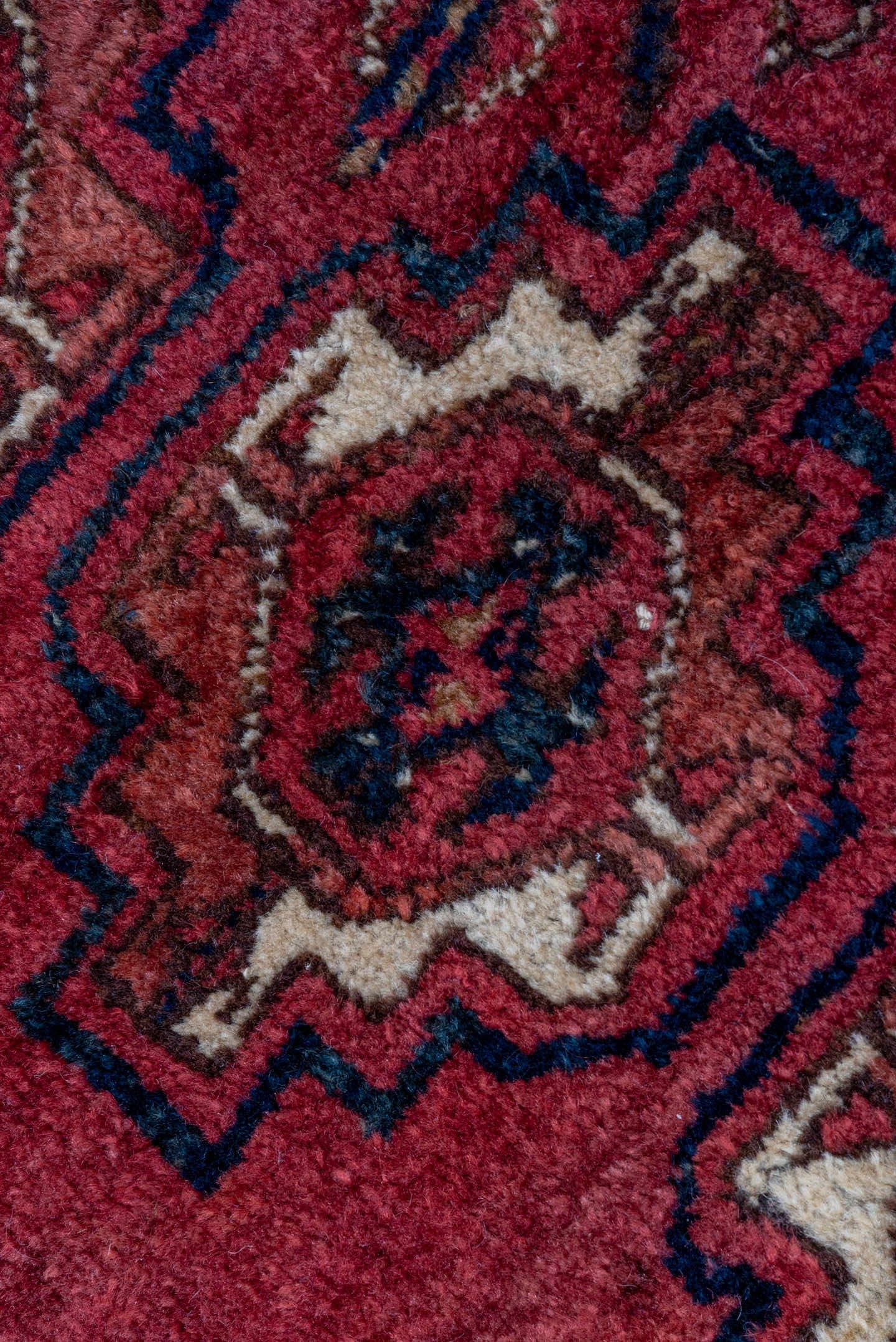 2' x 4' one-of-a-kind handmade vintage Torkaman small size rug. Color palette: red, burgundy, ivory, brown, charcoal, rust