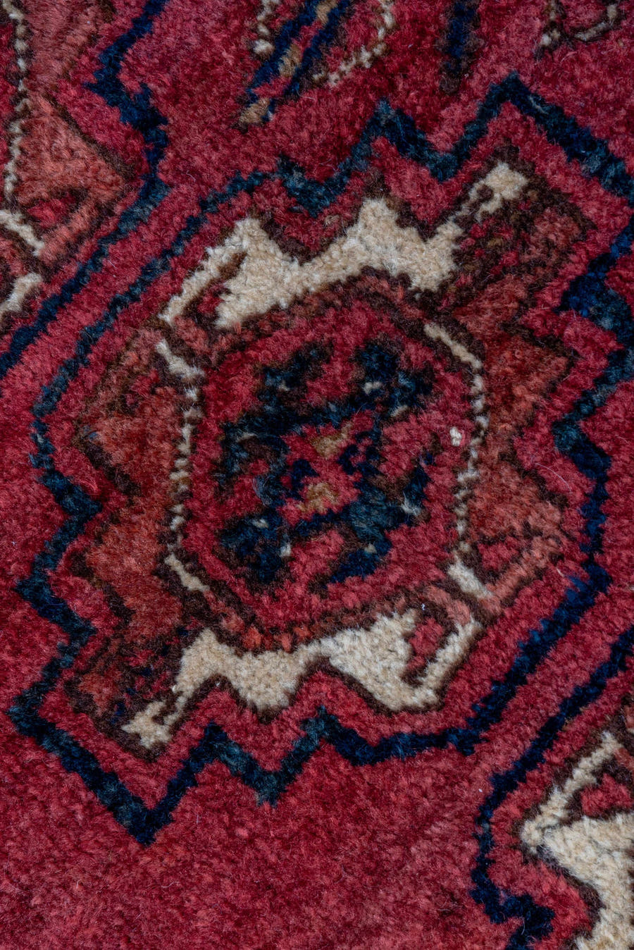 2' x 4' one-of-a-kind handmade vintage Torkaman small size rug. Color palette: red, burgundy, ivory, brown, charcoal, rust