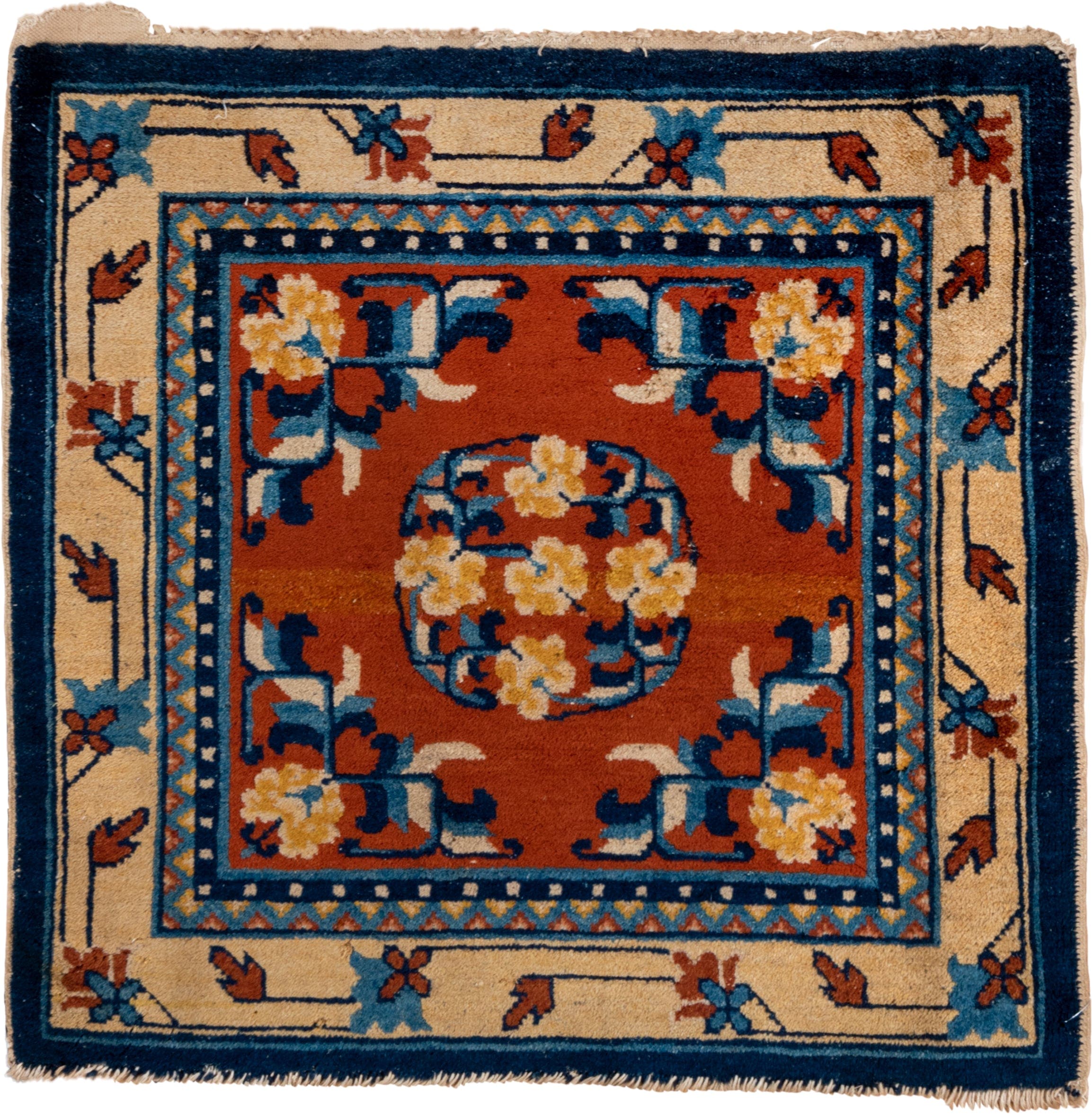 2' x 2' one-of-a-kind handmade vintage Chinese small size rug. Color palette: rust, navy, ivory, sky_blue, gold, camel