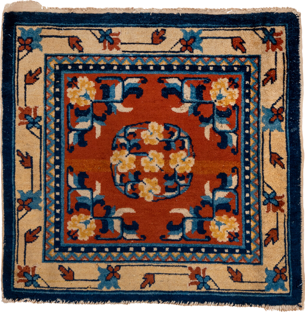 2' x 2' one-of-a-kind handmade vintage Chinese small size rug. Color palette: rust, navy, ivory, sky_blue, gold, camel