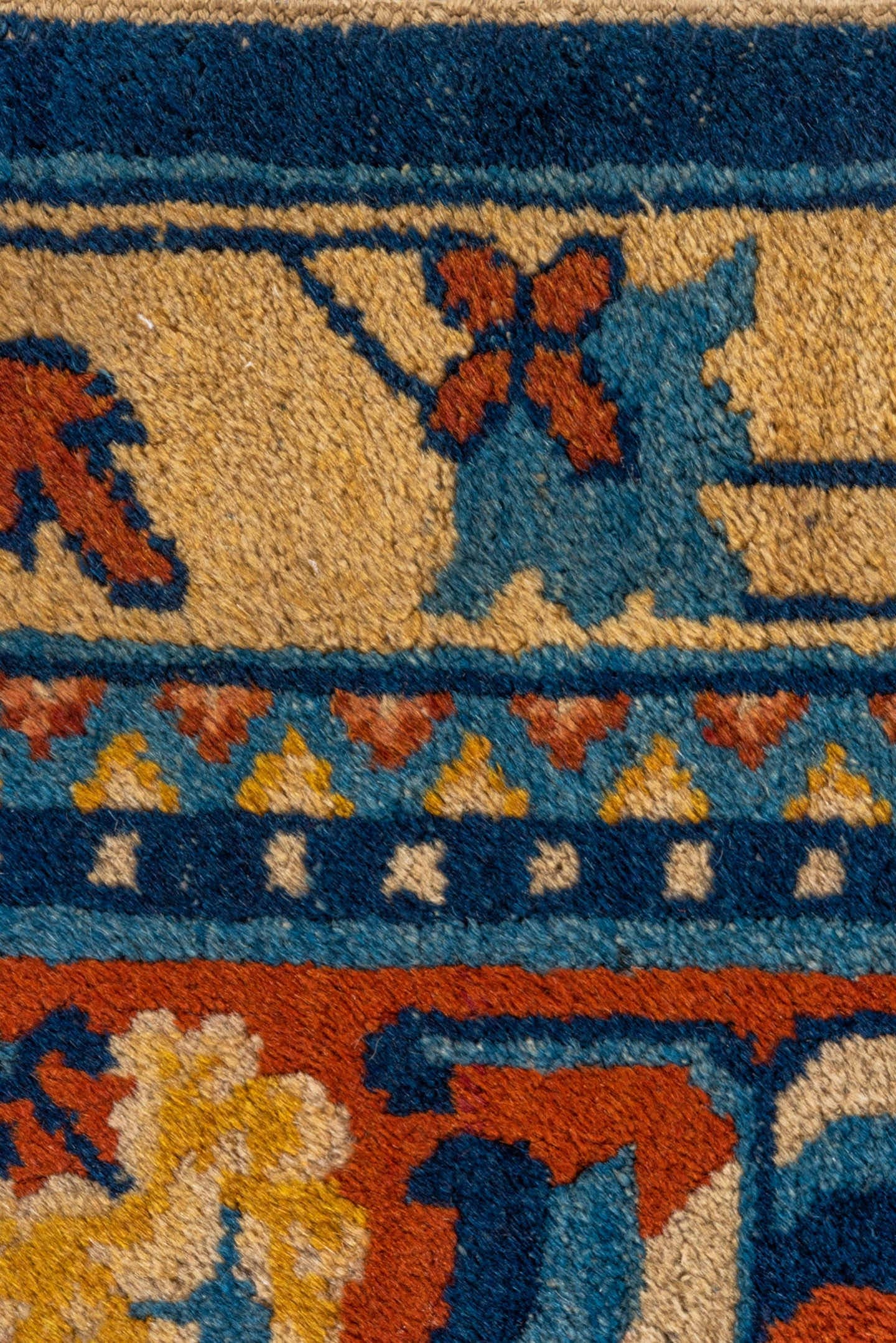 2' x 2' one-of-a-kind handmade vintage Chinese small size rug. Color palette: rust, navy, ivory, sky_blue, gold, camel