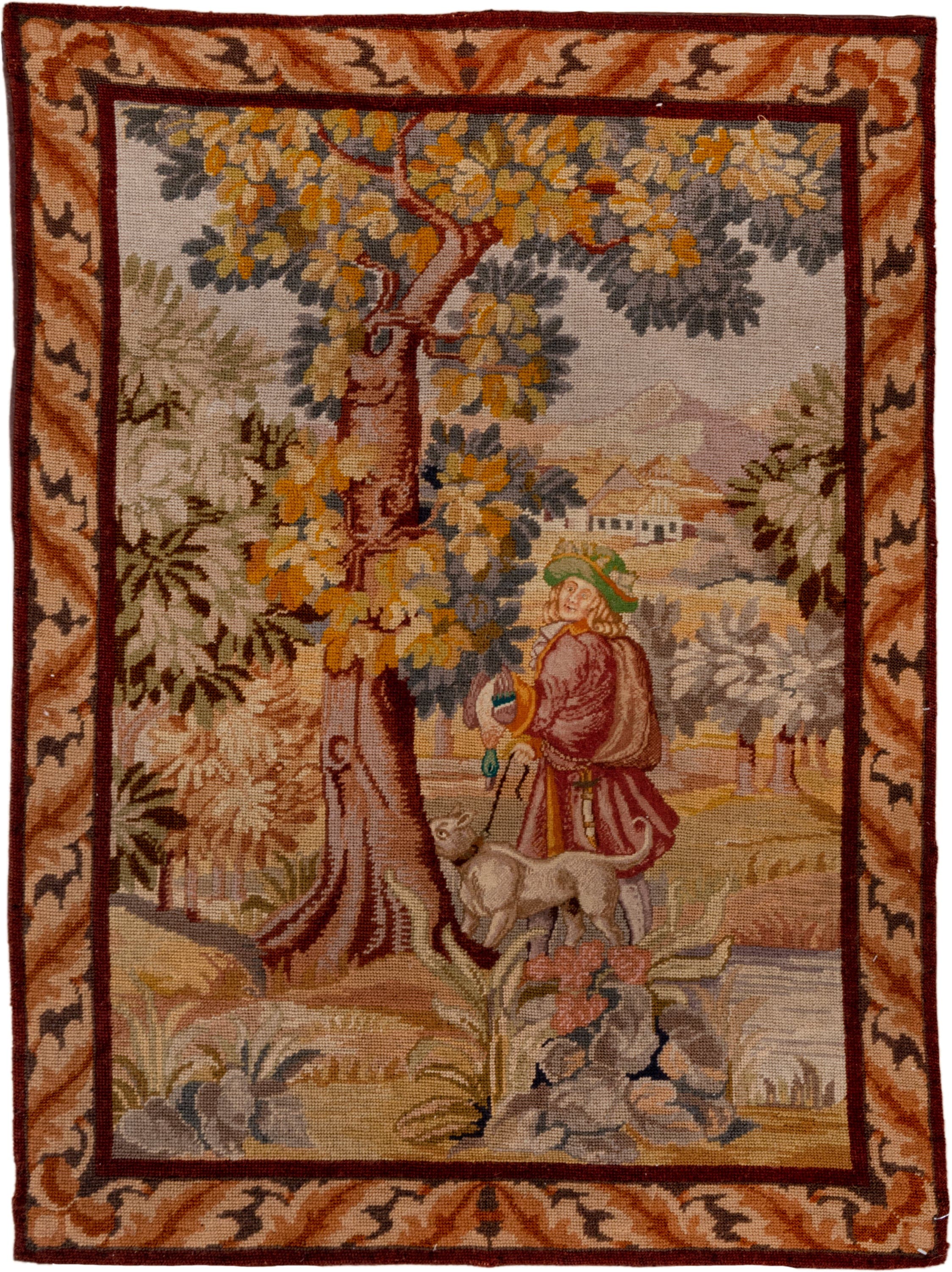 2' x 3' one-of-a-kind handmade vintage Tapestry small size rug. Color palette: taupe, rose, rust, ivory, gold, sage, slate